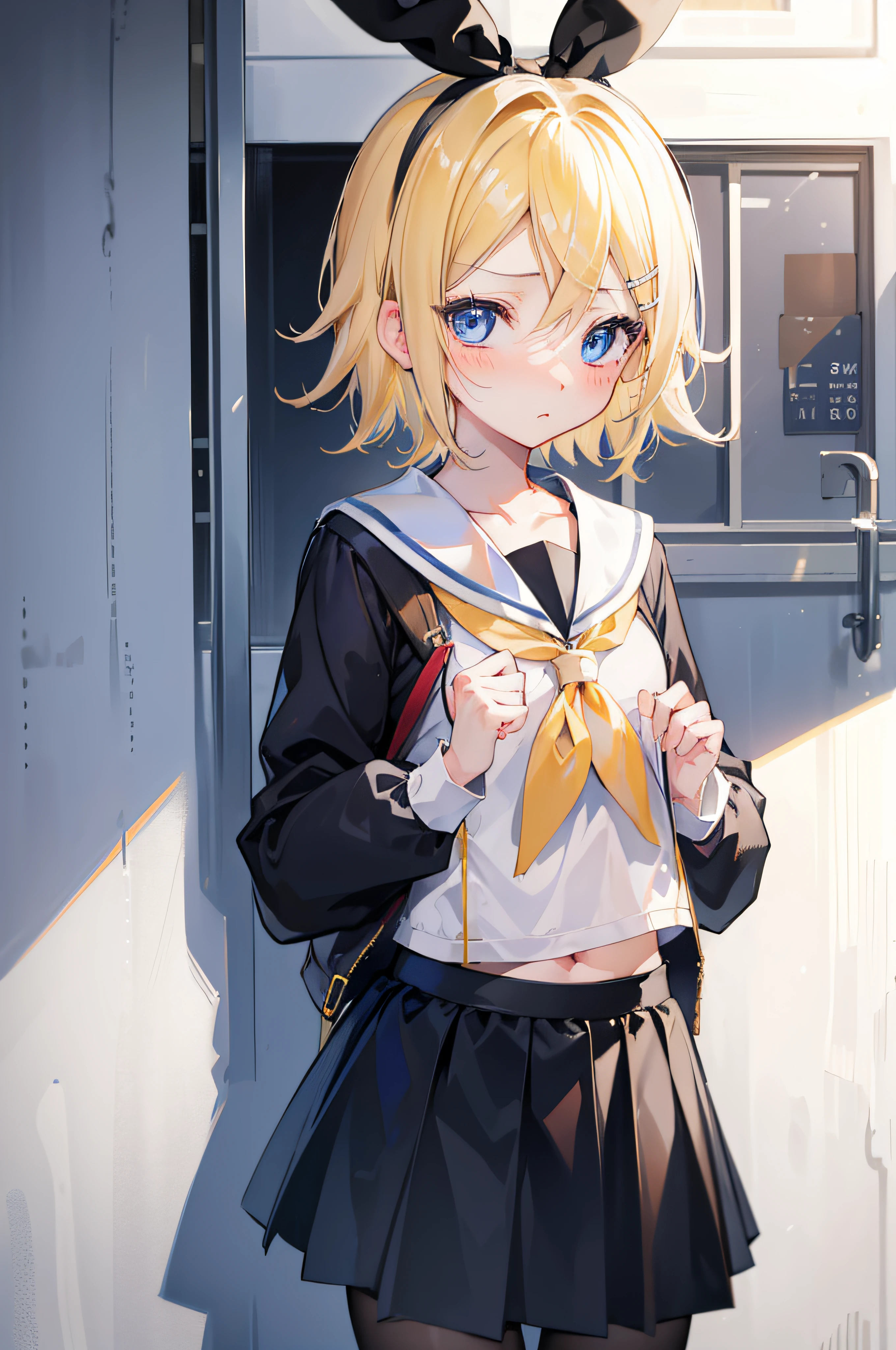 one girl, (Kagamine_Rin), blue eyes, blond hair, short hair, cute face, beautiful eyes, flat chest, sailor uniform, black skirt, standing, cowboy shot, look at you, she loves you, blush, shy, outdoor, your girlfriend