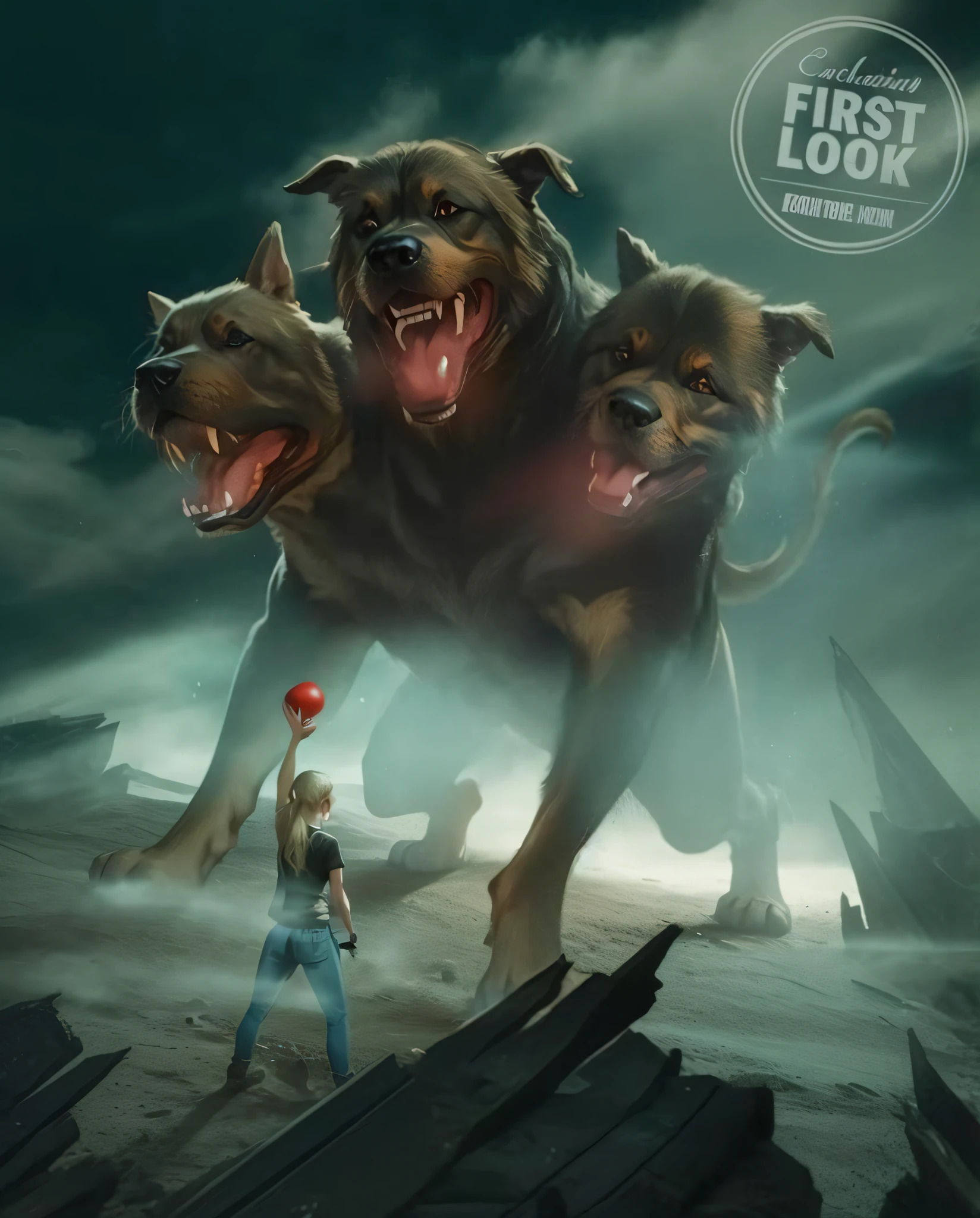 4k, realistic, very detailed. Blonde female teenager in black T-shirt and jeans. This holding a red ball and a 3-headed dog