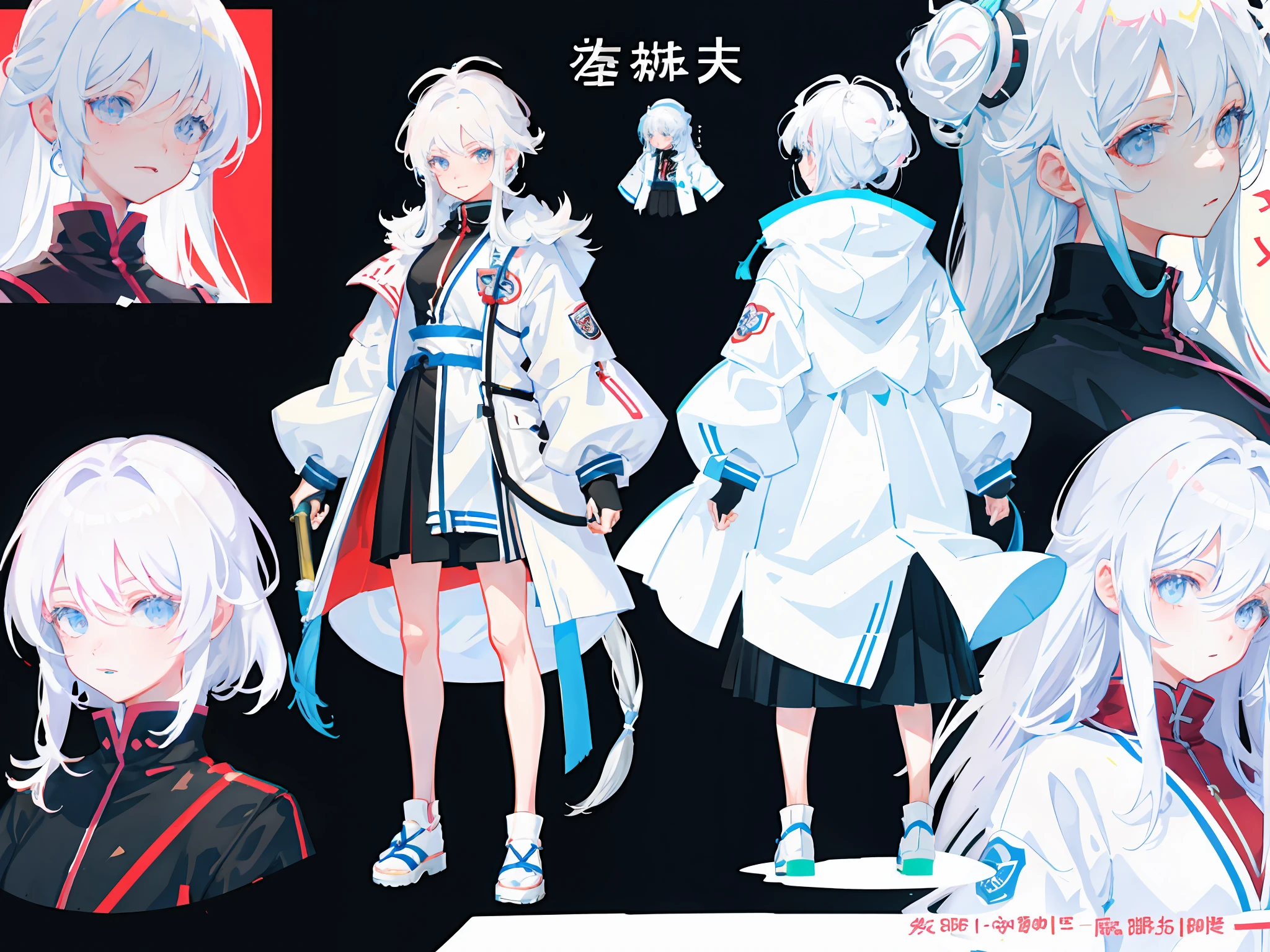 highr， White padded jacket，White color hair，White eyes，Long-handled axe，standing on your feet，Chinese girl design，Genshin detailed art，Anime character design，anime concept art，pretty anime character design，anime character reference sheet，[character  design]，