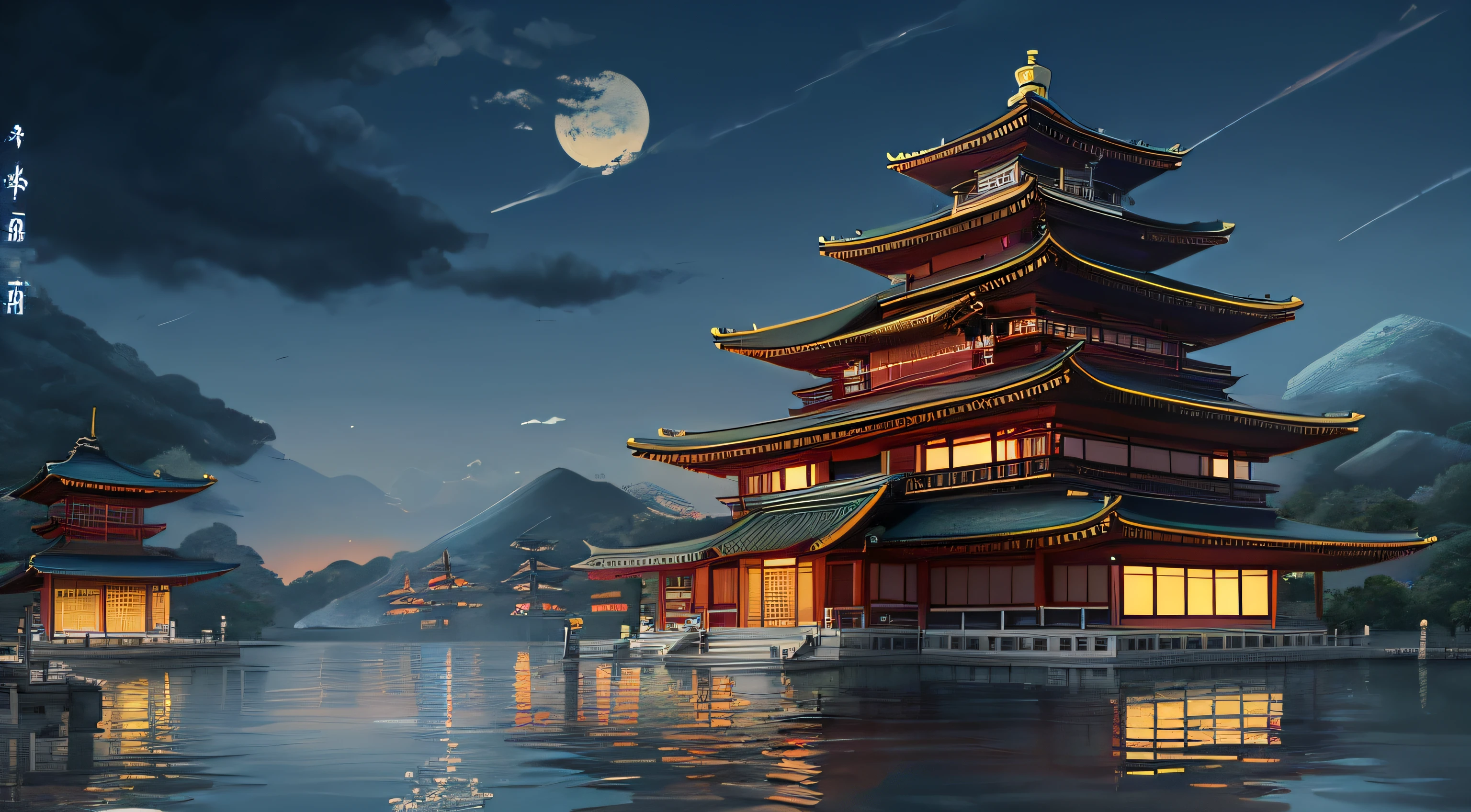 there is a painting of a pagoda in the middle of a lake, digital painting of a pagoda, 8K high quality detailed art, 4k highly detailed digital art, G Liulian art style, Anime background art, cyberpunk japanese temple, Beautiful art UHD 4 K, Japanese art style, cyberpunk chinese ancient castle, Detailed painting 4 K, Anime art wallpaper 4 K