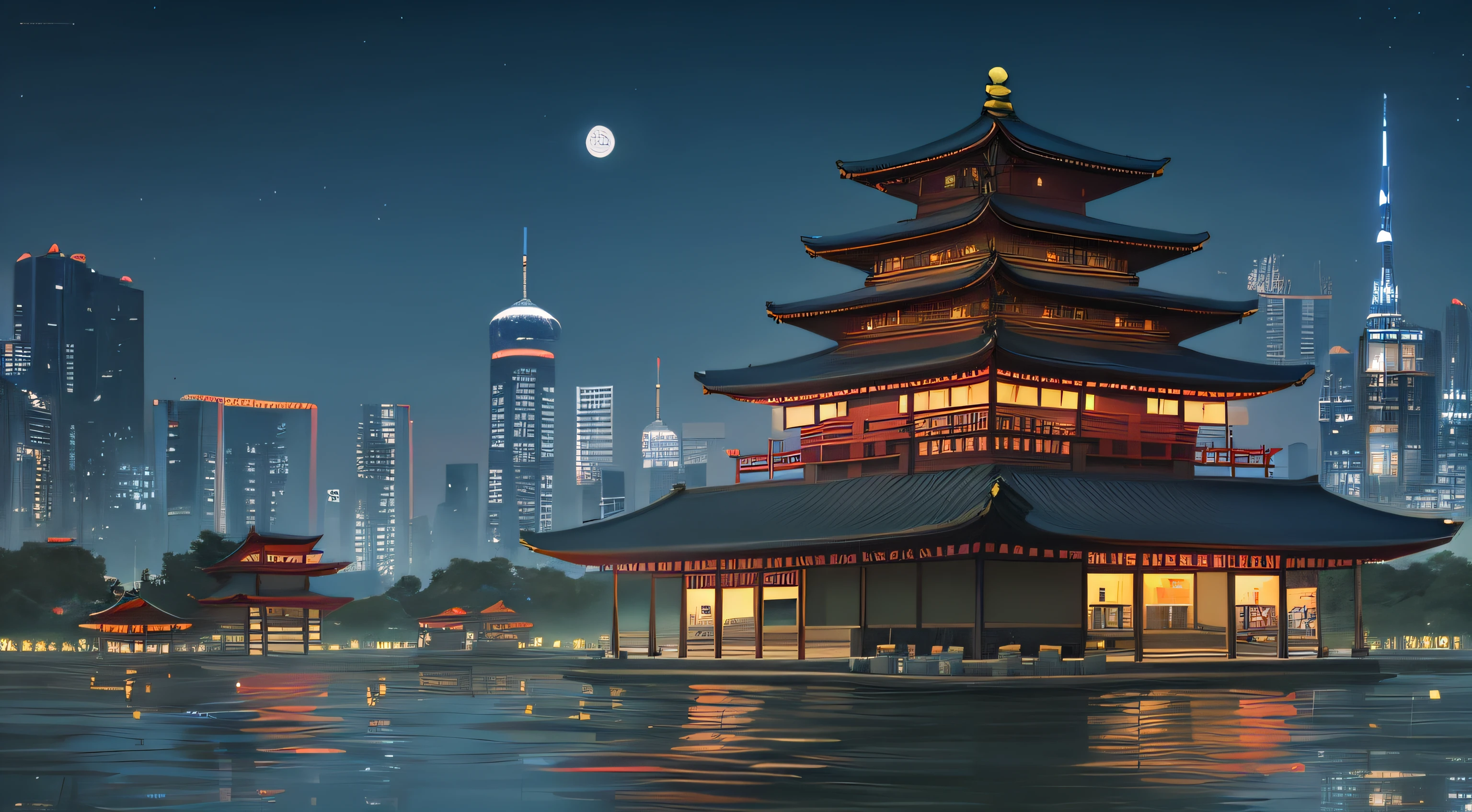 there is a painting of a pagoda in the middle of a lake, digital painting of a pagoda, 8K high quality detailed art, 4k highly detailed digital art, G Liulian art style, Anime background art, cyberpunk japanese temple, Beautiful art UHD 4 K, Japanese art style, cyberpunk chinese ancient castle, Detailed painting 4 K, Anime art wallpaper 4 K
