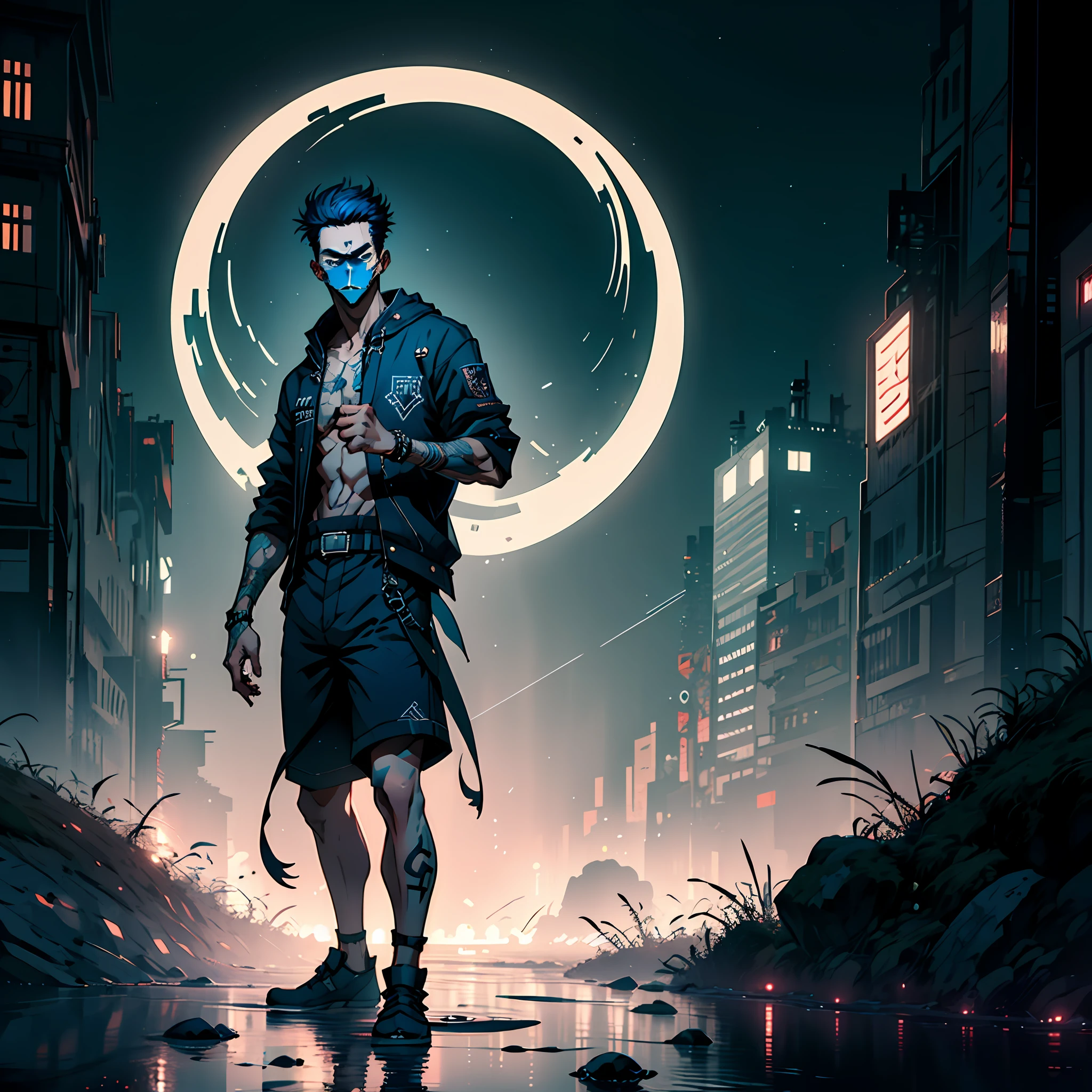 (masterpiece, best quality:1.2), cowboy shot, solo, male focus, 1boy, sukuna, tattoo_on_his_face, manly, full body, dark-blue hair, night city background, eye focus, 8k, intricate details, bycile shorts,