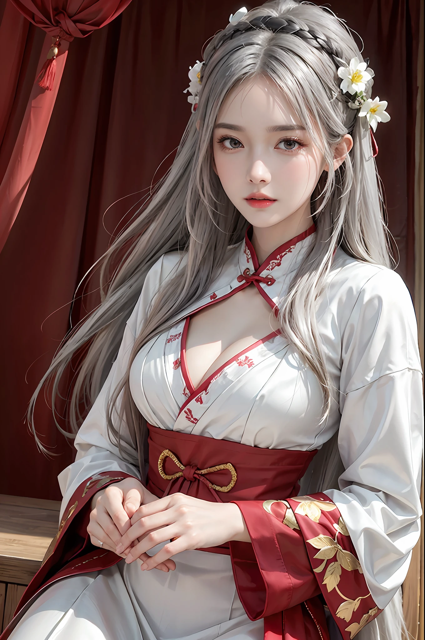 photorealistic, high resolution, soft lights, 1women, shiny skin, finely detailed skin, solo, hips up, look at viewer, (detailed face), white hair, long hair, red chinese wedding hanfu