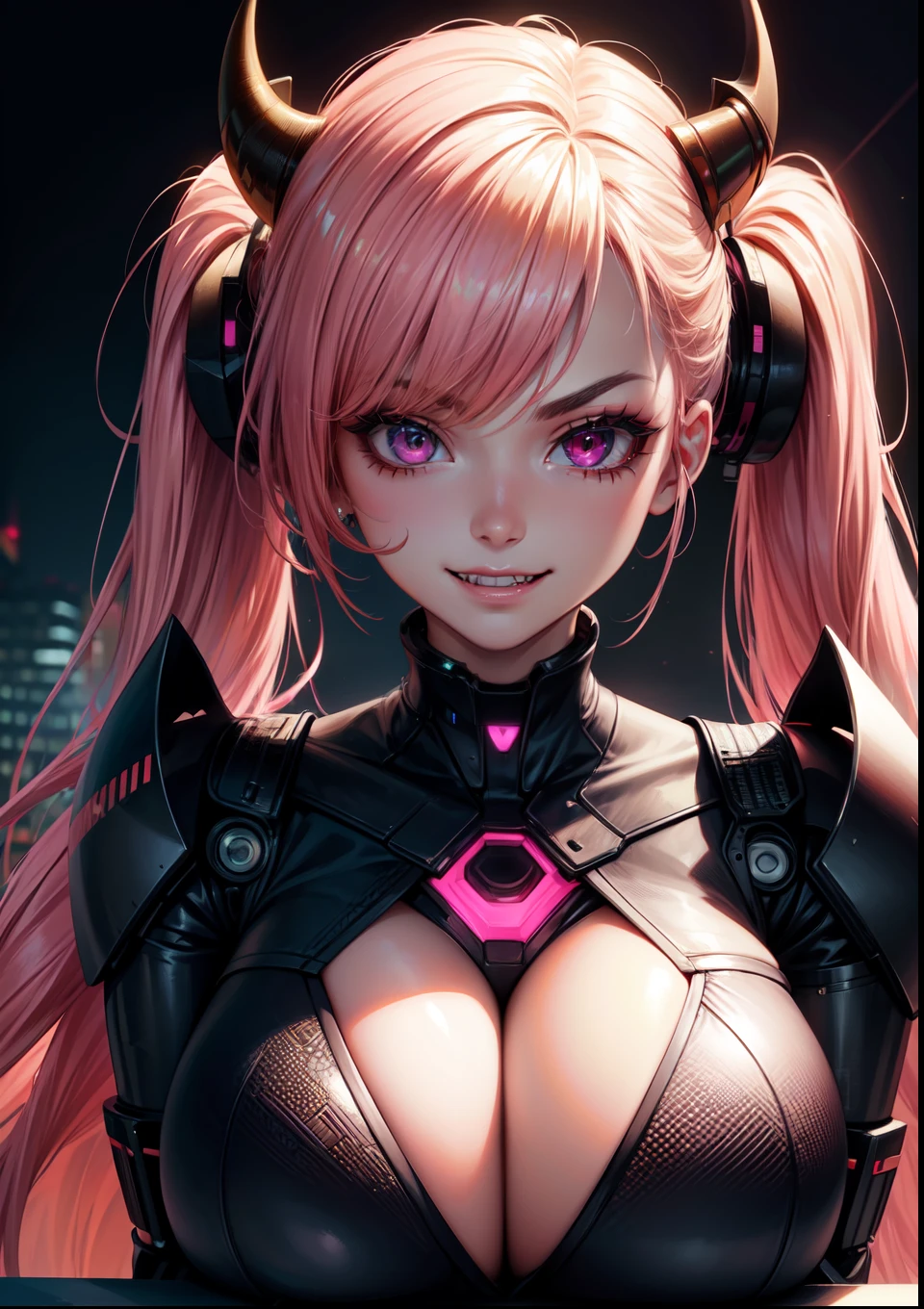4k, twin tails ,Lens flare, pink hair ,mascara, eyeliner, god rays, 4k, 8k, best quality, masterpiece, hyper detailed, intricate detail, 1girl, solo, detailed, Detailed fuschia hair ++, detailed pink eyes ++, raytracing, perfect shadow, highres, enhanced eyes, huge breasts, horns, evil grin, narrow eyebrows, seductive, fangs, hyper detailed, interesting background, , detailed face, detailed clothing. volumptuous, colourful background, futuristic setting, ai, cyberwear, robot, in the city, cyber suit, dominant, heart detail around cleavedge, neon lights