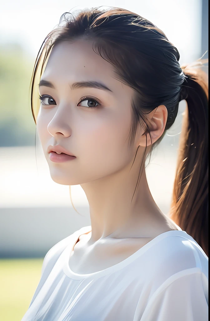 Hasselblad camera, RAW photo, (realistic: 1.2), 1girl, (beautiful and charming: 1.4), ponytail twist, white sports bust, white sports shorts, white sneakers, detailed face, beautiful eyes, (perfect body: 1.2), wet shirt, wet body, (detail: 1.2), 8k ultra hd,