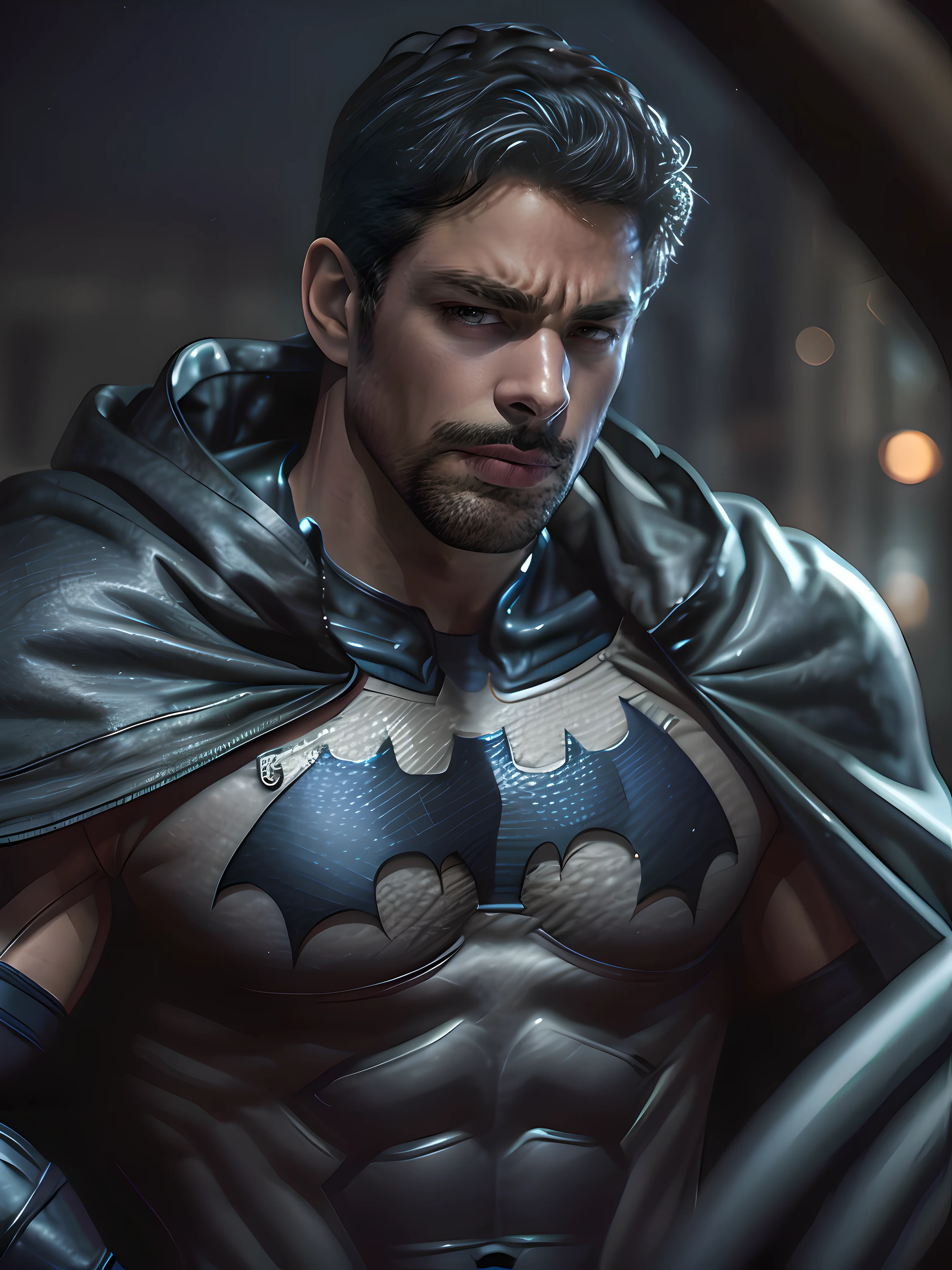 1 man, solo, Caua Reymond as Batman, tall, hunk, muscular, bulk, wide shoulder, photorealism, dark dirty grey suit, dark grey arms, ((no mask)), mask off, black hair, black gloves, best quality, masterpiece, high resolution:1.2, black cape, high detailed mask, high detailed suit, high detailed face, award winning, night time, a dark cave in the background, indoors, upper body shot