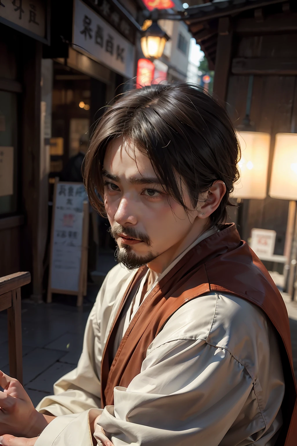 Best Picture Quality, tmasterpiece, 超高分辨率, Meticulous background, hentail realism, illustration, A single boy, Street scene, strong muscle, Volumetric lighting, Depth of field effect, close-up all over the body, Have facial hair, A monk in shabby clothing, Martial monk image, aged 40, mature, Older.