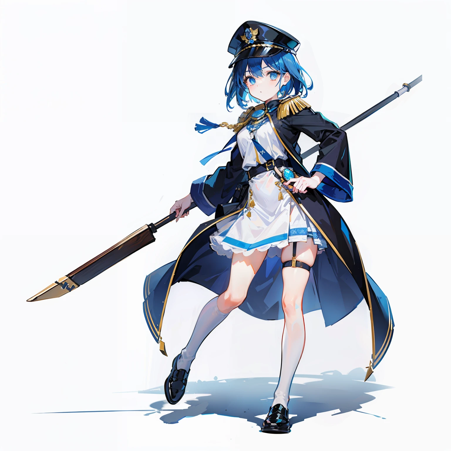 1girll，独奏，Loli figure，Delicate face and beautiful eyes，Delicate hair，short detailed hair，Blue sky background，Blue Themes，Black officer's cap，围巾，Black officer coat，(White background 1：：5)，Standing painting style，laughingly，((full bodyesbian))，（A detailed eye），Leg straps，Officer shoes，walking stick