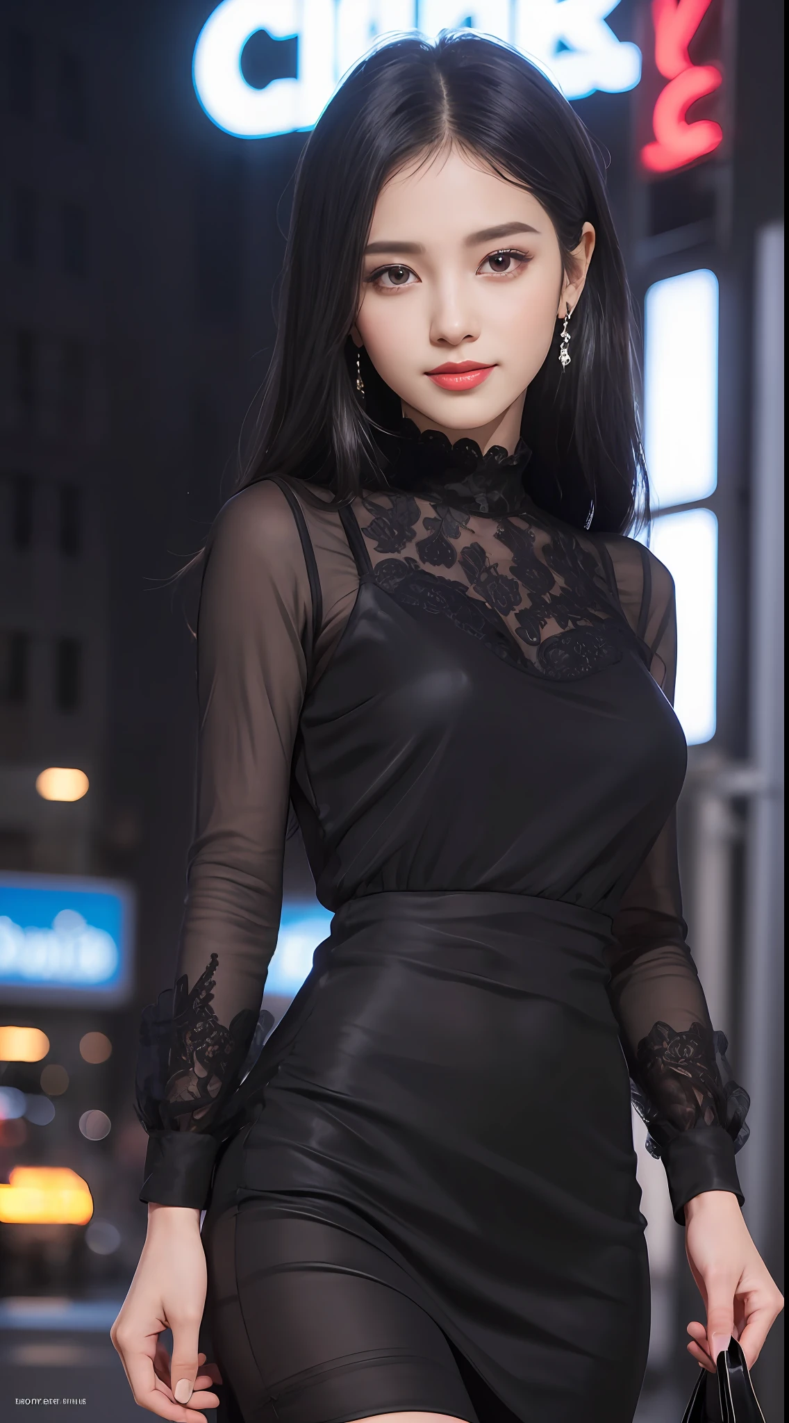 8k, masterpiece, RAW photo, best quality, photorealistic, extremely detailed CG unity 8k wallpaper, Depth of field, 
Cinematic Light, Lens Flare, Ray tracing, (extremely beautiful face, beautiful lips, beautiful eyes), intricate detail face, 
((ultra detailed skin)) 1girl, in the dark, deep shadow, pretty korean girl, kpop idol,(very slim slender fit-muscled body:1.3), 
((looking at viewer)),(big smile:1.3), (tight midi dress), (shot sleeve) , 
(fashion city night, (neon sign), (big building), fashion street night),(no people), (without people in the background:1.3), 
pretty korean girl, white diamond earrings, dia bracelets, dia necklace, pantyhose, clear eyes, walking , 
front shot, (pale skin), face forward, (big eyes), ((upper body shot)), ((silk Laced)), ((black color dress:1.3)), 
(looking at viewer:1.3), (see through)