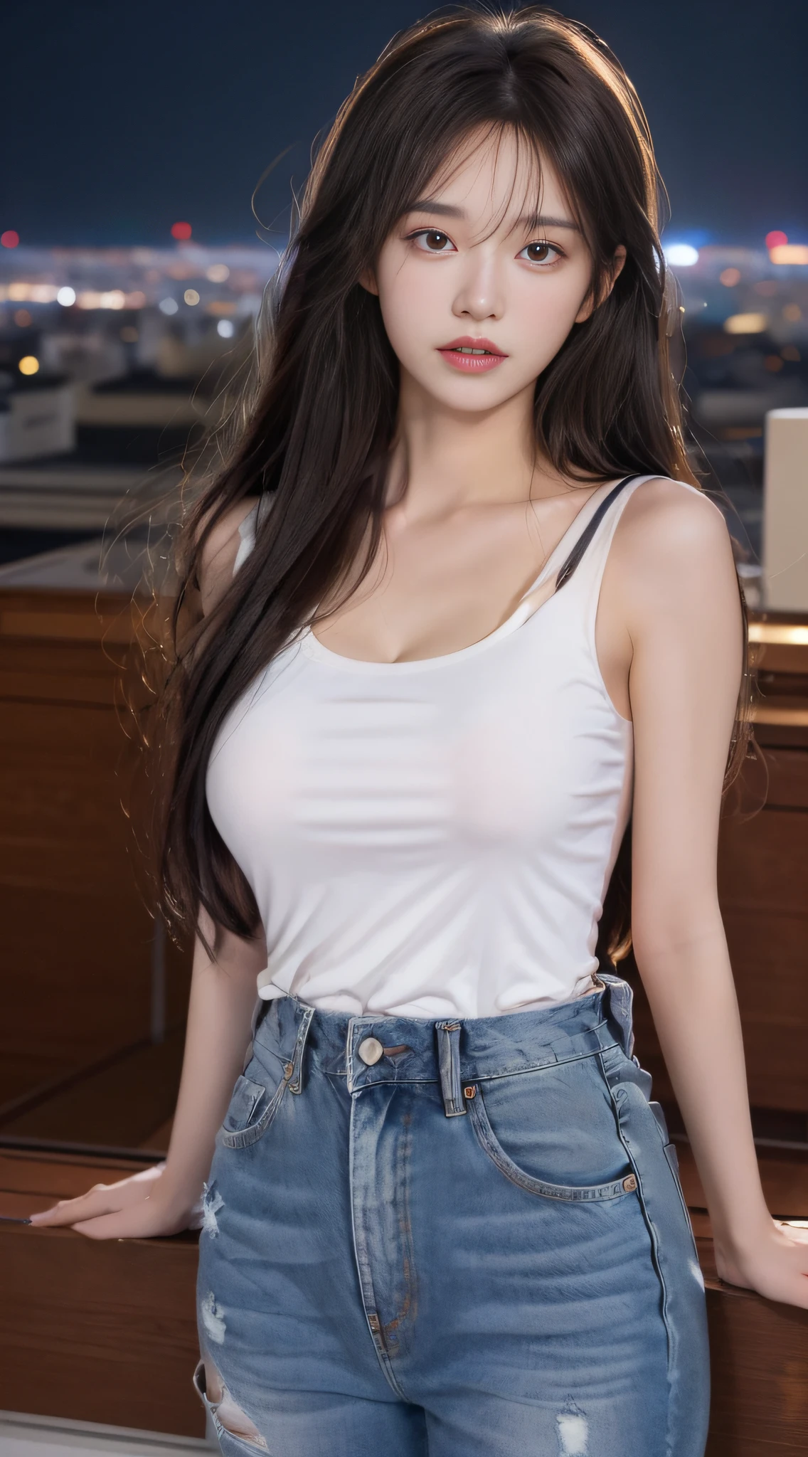 ((Midnight, Best quality, 8k, Masterpiece :1.3)), Whole body, Long legs, Sharp focus :1.2, A pretty woman with perfect figure :1.4, Slender abs :1.1, ((Dark brown hair, Big breasts :1.2)), (White tight tshirt, Jean bib, Standing:1.2), ((Night city view, Rooftop:1.3)), Highly detailed face and skin texture, Detailed eyes, Double eyelid, sunset, darken, backlit, off shoulder