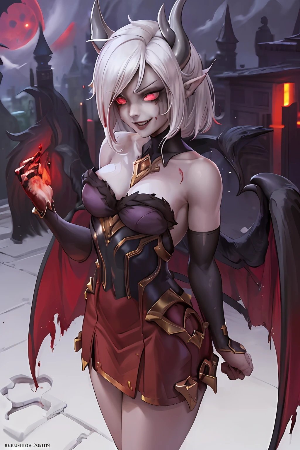 (masterpiece:1.2, best quality),(best illumination, an extremely delicate and beautiful),(best illumination, an extremely delicate and beautiful), (beautiful detailed face), (finely detailed eyes and detailed face:1.2), dark fantasy, (young girl, small beasts, 1girl, solo, crazy smile, pale skin, white hair, red glowing eyes, dynamic angle, vampire), (gaint vampire castle in background),  (red moon, red sky), pointy_ears, fangs, demon wings, demon horns, blood on face, blood rain, blood fog, (depth of field), high contrast, (blood splatter:1.4), cowboy shot, full body,