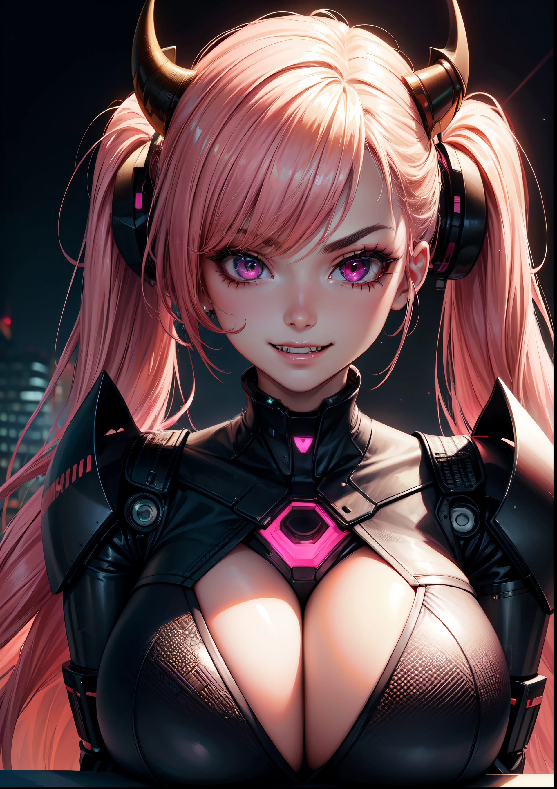 4k, twin tails ,Lens flare, pink hair ,mascara, eyeliner, god rays, 4k, 8k, best quality, masterpiece, hyper detailed, intricate detail, 1girl, solo, detailed, Detailed fuschia hair ++, detailed pink eyes ++, raytracing, perfect shadow, highres, enhanced eyes, huge breasts, horns, evil grin, narrow eyebrows, seductive, fangs, hyper detailed, interesting background, , detailed face, detailed clothing. volumptuous, colourful background, futuristic setting, ai, cyberwear, robot, in the city, cyber suit, dominant, heart detail around cleavedge, neon lights