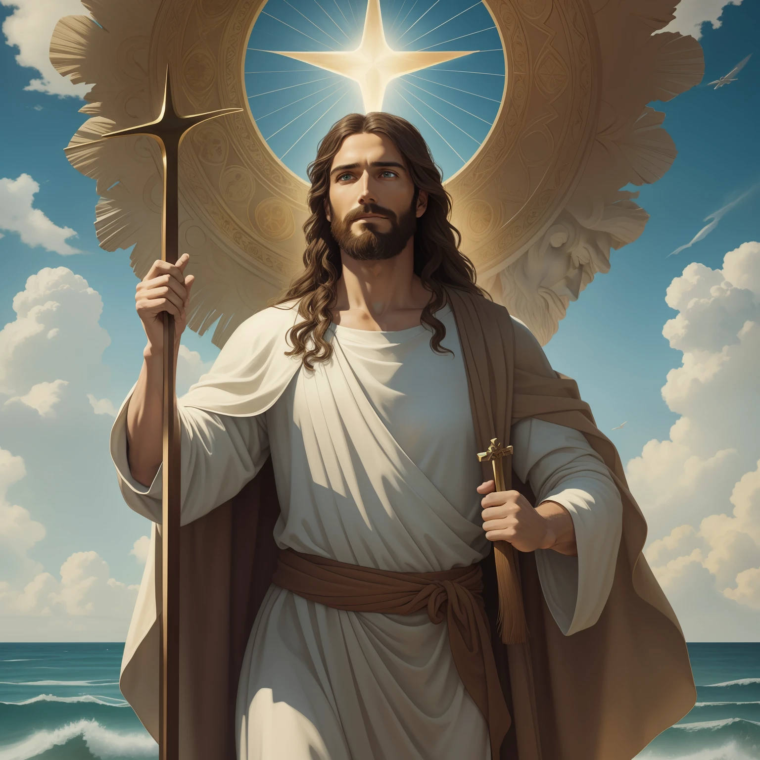 A beautiful ultra-thin realistic portrait of Jesus, the prophet, a man 35 years old Hebrew brunette, short brown hair, real perfect eyes, long brown beard, with, Helping People , wearing long linen tunic closed on the chest part, in front view, full body, biblical, realistic,by Diego Velázquez,Peter Paul Rubens,Rembrandt,Alex Ross,8k, Concept Art, PhotoRealistic, Realistic, Illustration, Oil Painting, Surrealism, HyperRealistic, helping people , Digital art, style, watercolorReal Jesus flying on sky with a flying cloud in the background, Jesus walking on water, biblical illustration, epic biblical representation, forcing him to flee, coming out of the ocean, ! holding in hand!, disembarking, god of the ocean, beautiful representation, 8k 3D Model, realistic,
a 3D Realistic of jesus with a halo in the sky, jesus christ, smiling in heaven, portrait of jesus christ, jesus face, 35 young almighty god, portrait of a heavenly god, greg olsen, gigachad jesus, jesus of nazareth, jesus, the face of god, god looking at me, he is greeting you warmly, he is happy, avatar image