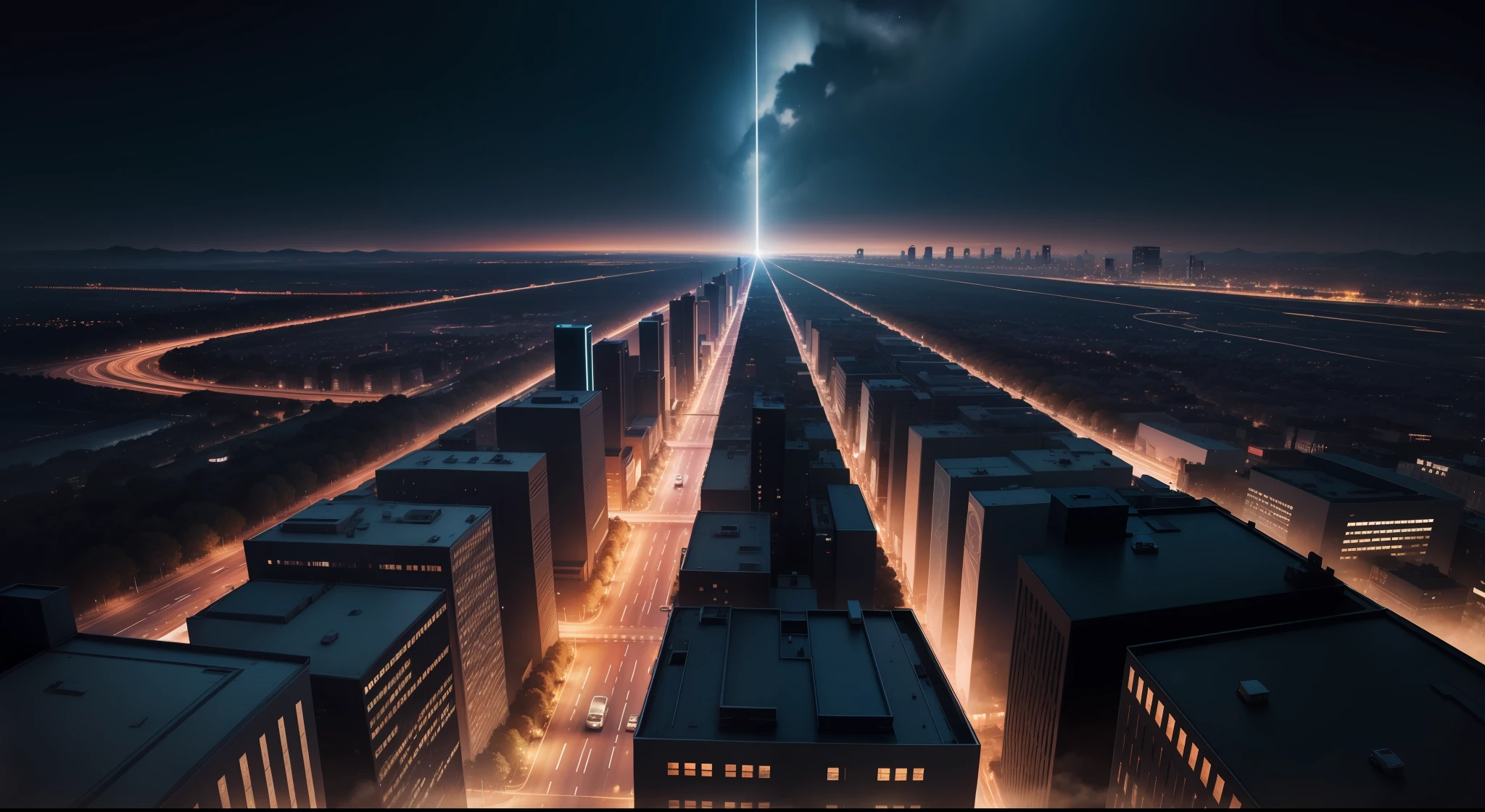 A LANDSCAPE OF A NIGHT METROPOLIS WITH AN OUTDOOR VANISHING POINT