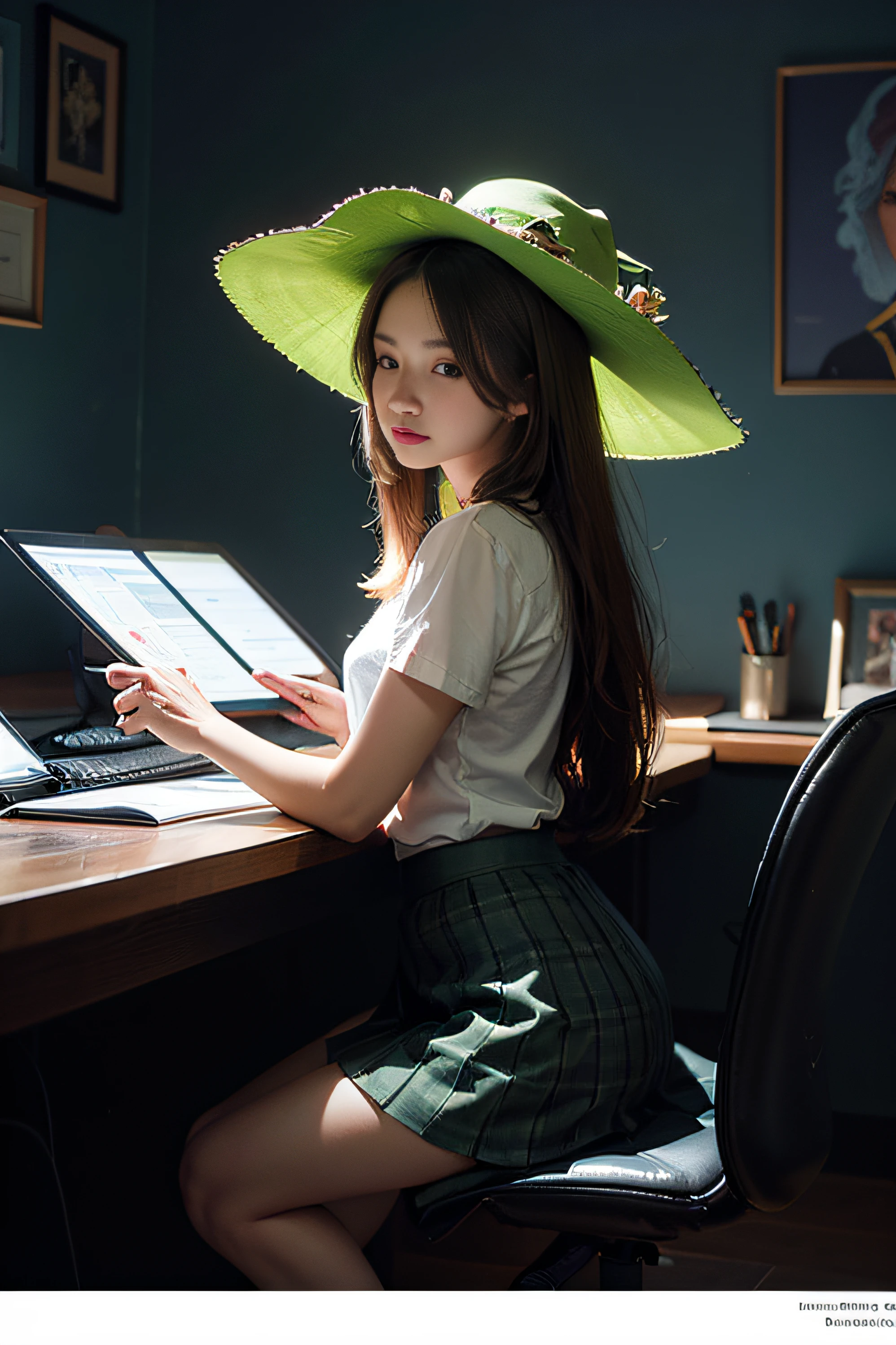 Surrealist portraits of women by David Hockney and Alphonse Mucha，Fantasyart，photographrealistic，动态照明，art  stations，poster for，Volumetriclighting，Very detailed faces，4 k''，Award-Awarded，，1girll，in the darkness nigth，deep shading，low tune，black lence stockings,(a skirt:1.4),Green hat，long whitr hair,whaite hair,