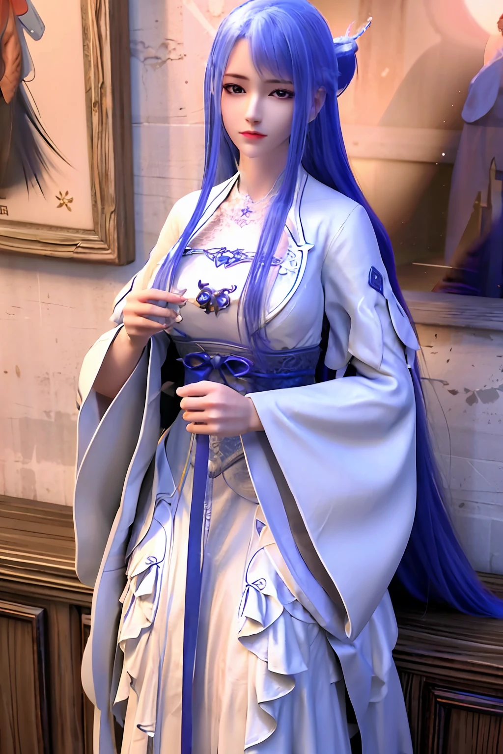 qiuyuehua,Wide-sleeved fairy dress,hanfu,RAW photo,highres, absurdres, game cg, 3d, official wallpaper, incredibly absurdres, video game cover, huge filesize, wallpaper, best quality, masterpiece