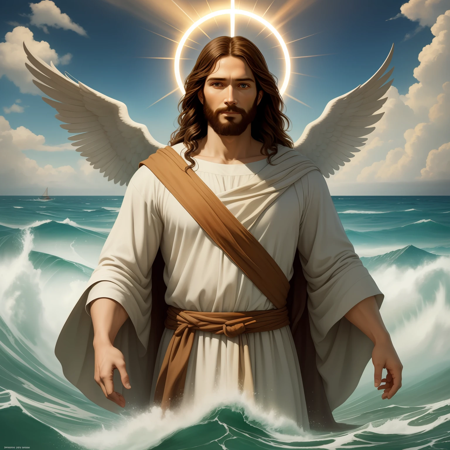 A beautiful ultra-thin realistic portrait of Jesus, the prophet, a man 35 years old Hebrew brunette, short brown hair, real perfect eyes, long brown beard, with, Helping People , wearing long linen tunic closed on the chest part, in front view, full body, biblical, realistic,by Diego Velázquez,Peter Paul Rubens,Rembrandt,Alex Ross,8k, Concept Art, PhotoRealistic, Realistic, Illustration, Oil Painting, Surrealism, HyperRealistic, helping people , Digital art, style, watercolorReal Jesus flying on sky with a flying cloud in the background, Jesus walking on water, biblical illustration, epic biblical representation, forcing him to flee, coming out of the ocean, ! holding in hand!, disembarking, god of the ocean, beautiful representation, 8k 3D Model, realistic,
a 3D Realistic of jesus with a halo in the sky, jesus christ, smiling in heaven, portrait of jesus christ, jesus face, 35 young almighty god, portrait of a heavenly god, greg olsen, gigachad jesus, jesus of nazareth, jesus, the face of god, god looking at me, he is greeting you warmly, he is happy, avatar image
