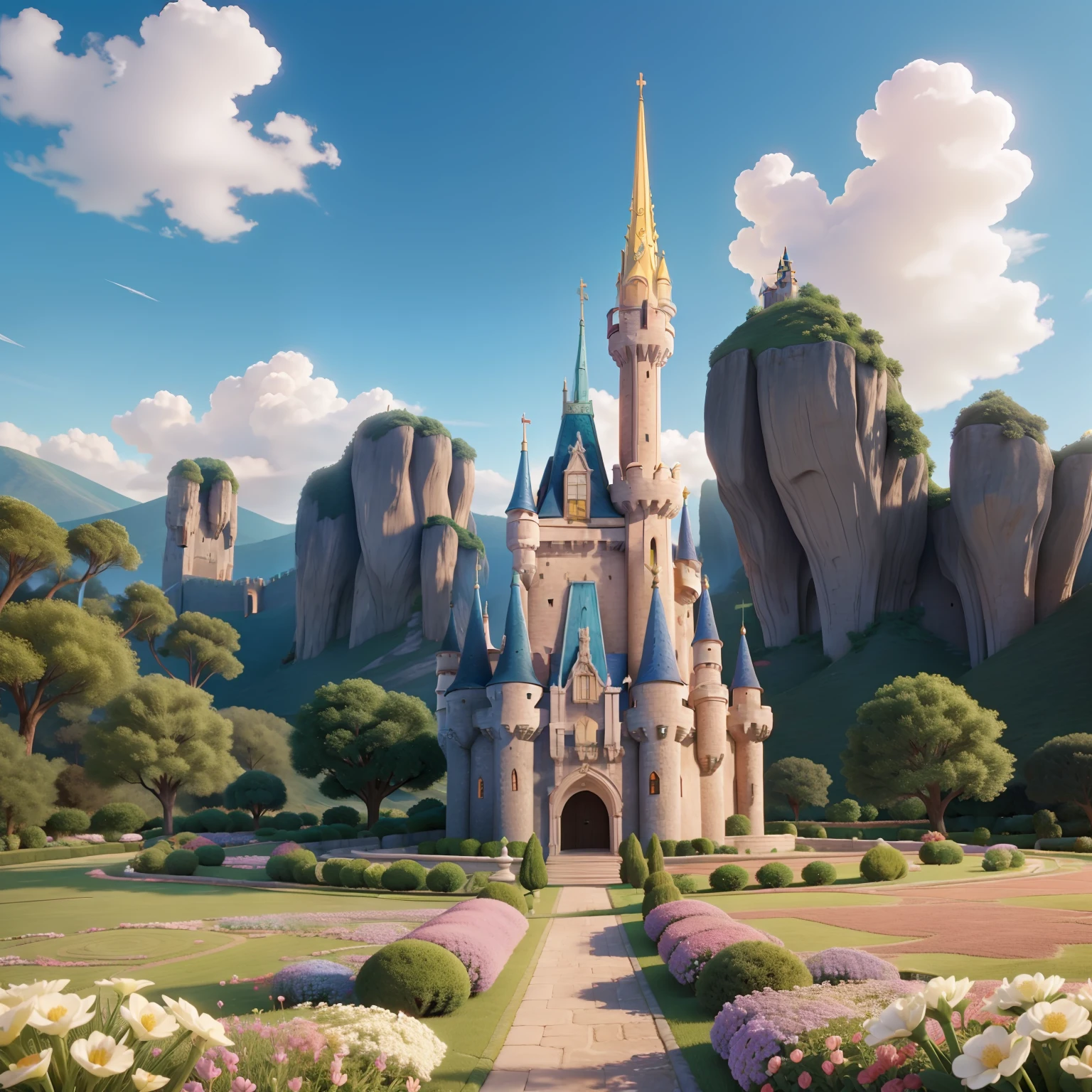 A magical castle, envolto por flores, Fadas pequenas, Borboletas