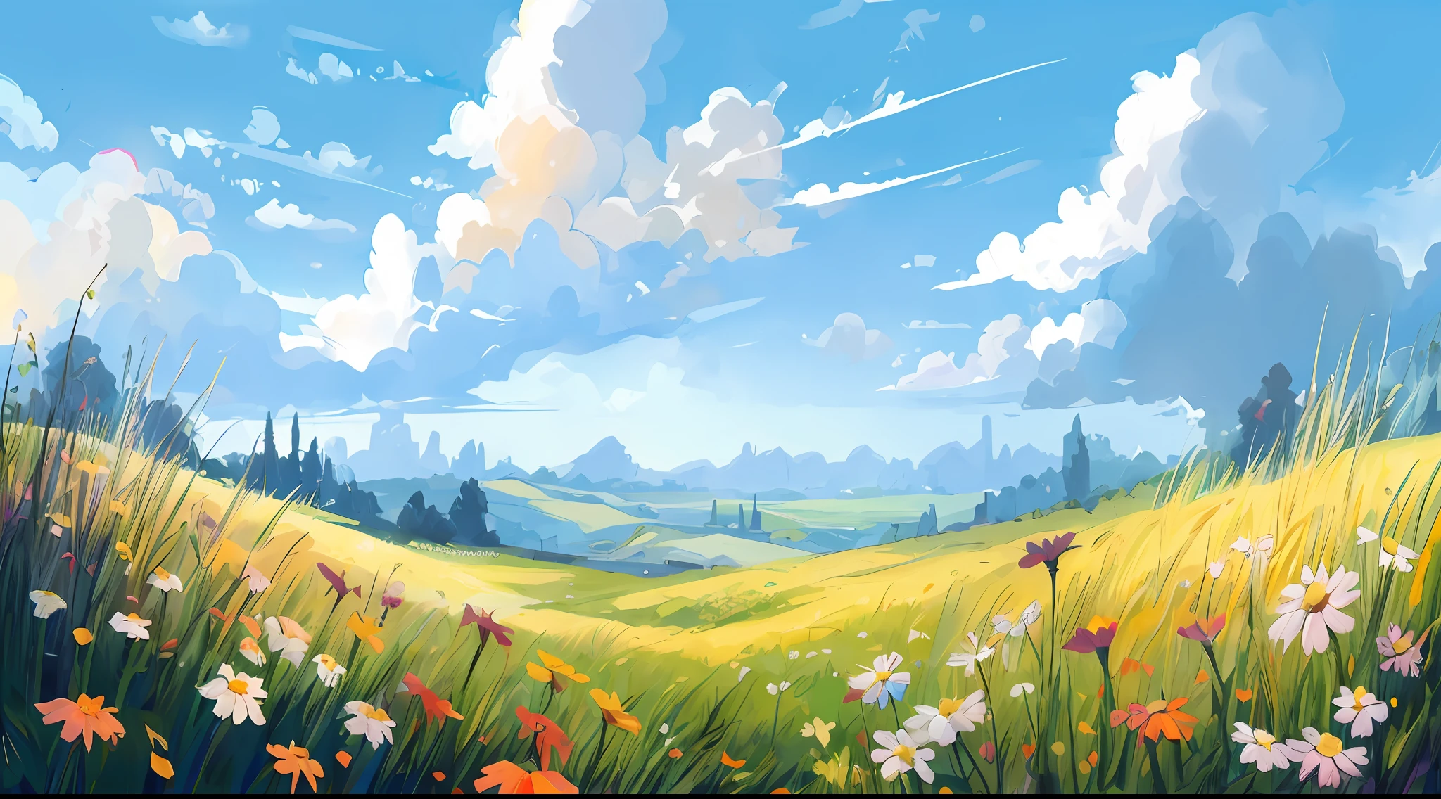 um campo com flores e nuvens ao fundo, paisagem campestre anime, uma bela paisagem, Arte de fundo, arte de fundo do anime, Campo exuberante, paisagem ensolarada, Fundo bonito da paisagem, fundo da paisagem, paisagem brilhante, arte de fundo, paisagem arejada, bela paisagem, papel de parede de paisagem, fantastic landscape, scenery artwork, beautiful summer scenery, landscape illustration, paisagem da natureza, papel de parede de paisagem anime, super detalhado, HD