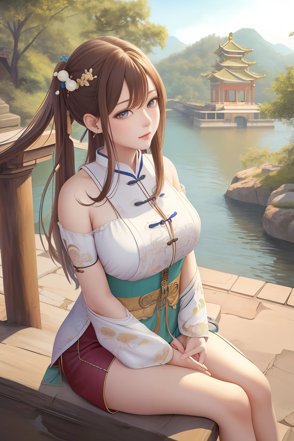 upper body, oil painting, masterpiece, best quality, highres, long brown hair, jewelry hairpin, large breast,riverside and rock or temple or bridge, extremely clothes, sitting, (song Dynasty, song clothing:1.2),