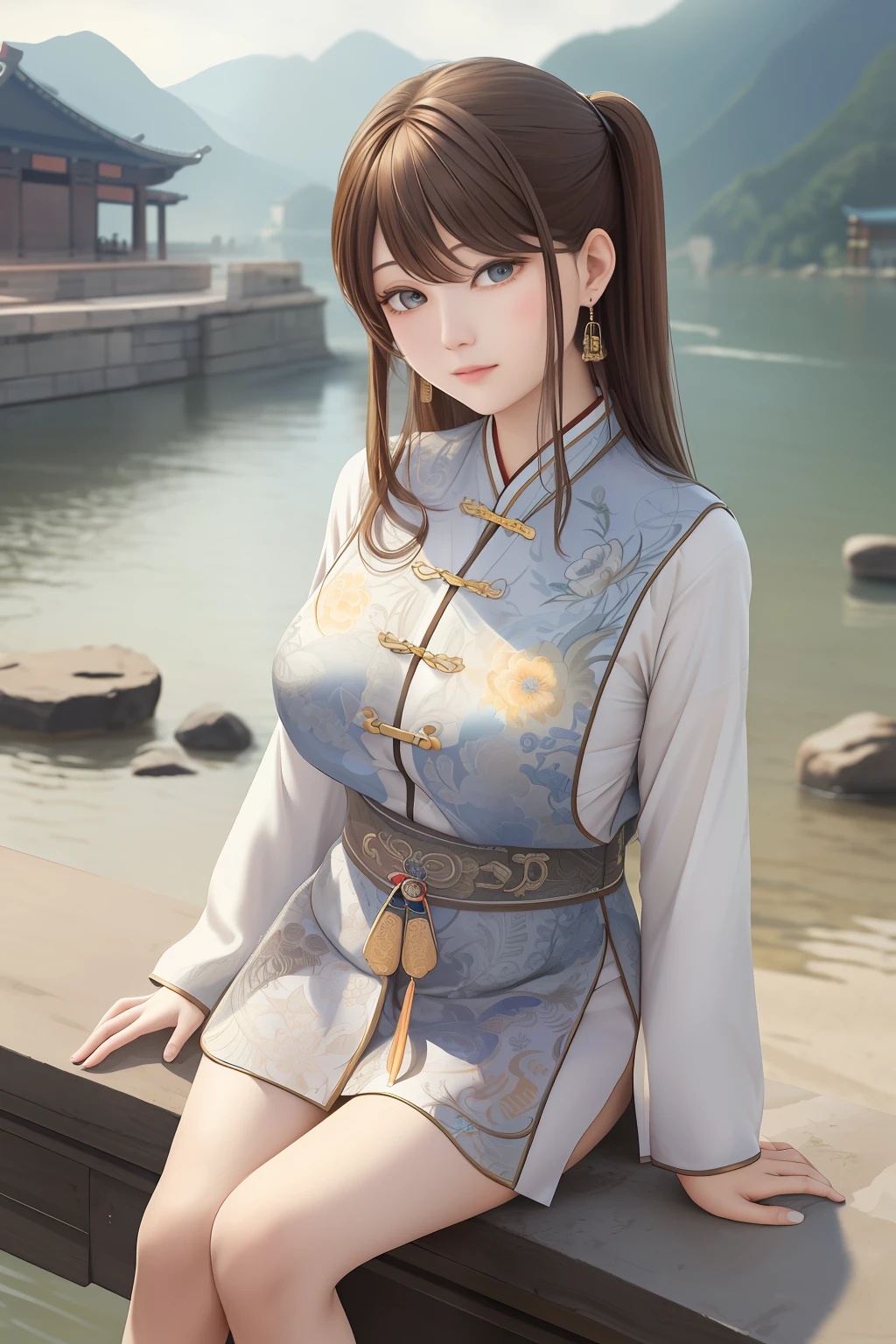 upper body, oil painting, masterpiece, best quality, highres, long brown hair, jewelry hairpin, large breast,riverside and rock or temple or bridge, extremely clothes, sitting, (song Dynasty, song clothing:1.2),