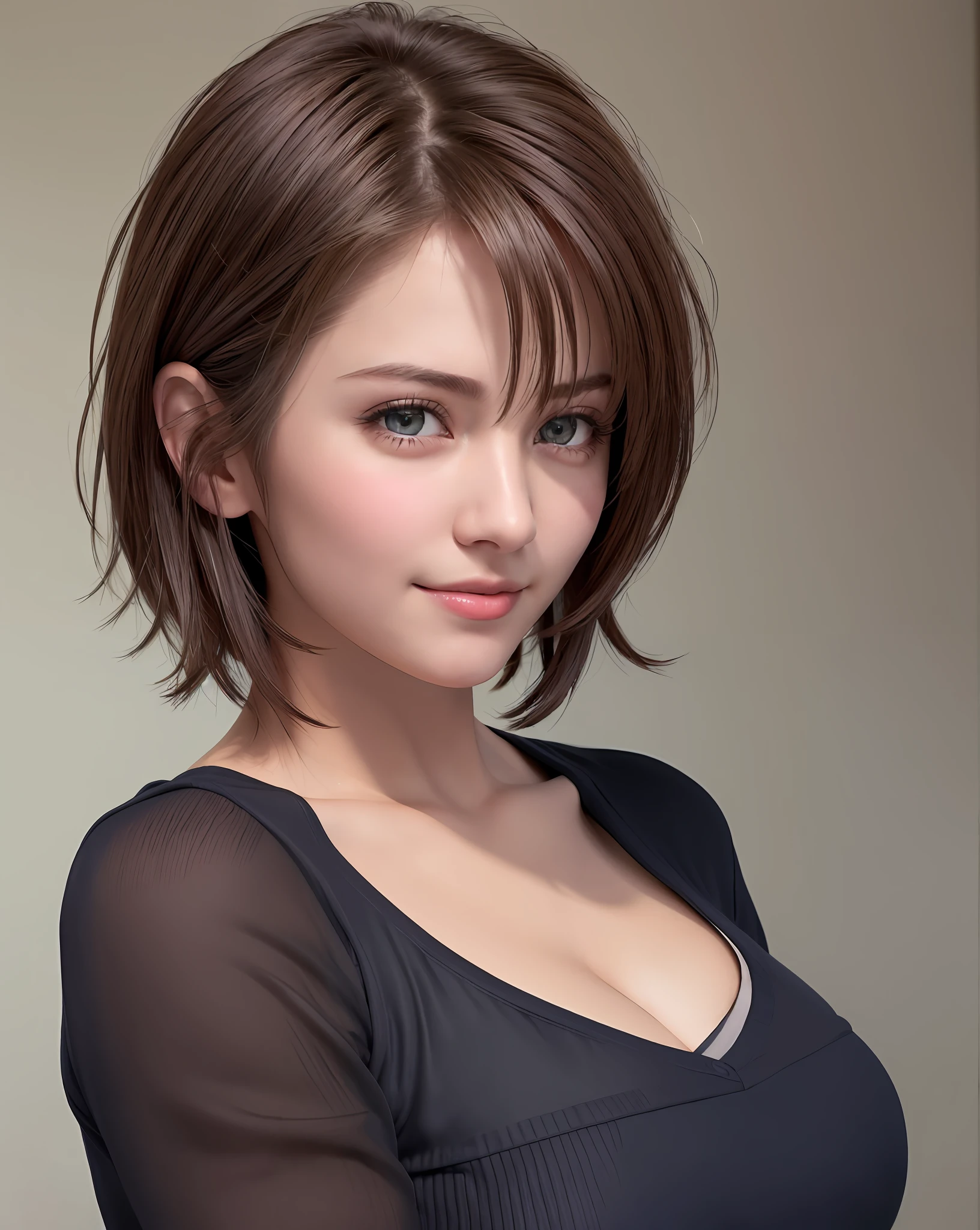 Best Quality, Ultra High Resolution, (Photorealistic: 1.4), Beautiful Eyes, Super Beautiful, Very Short Hair, Beautiful, Sweetheart, T-shirt with Rough Chest, Beautiful Soldier, Eyes That Invite Viewer, Lover's Perspective, Inviting Expression, Sexy Smile, Perfect Style, Perfect Balance, Detailed Skin, Naughty Gaze, Chest Visible