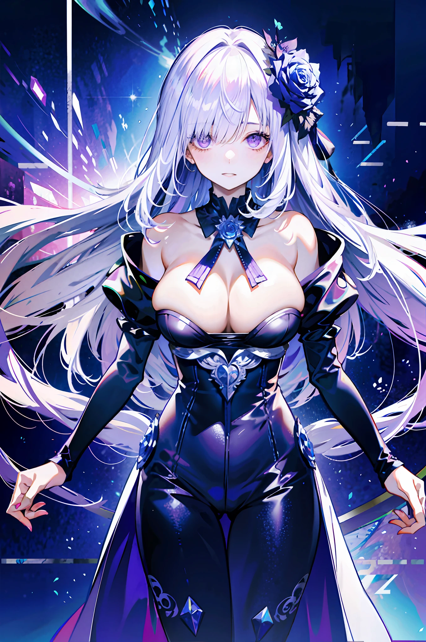 silber hair,butterflys,long whitr hair,8k wallpaper,detailedbackground,Highest high resolution,deep v big breasts,Hair covers one eye,Bandeau,Church background,Purple roses,tight-fitting,themoon,