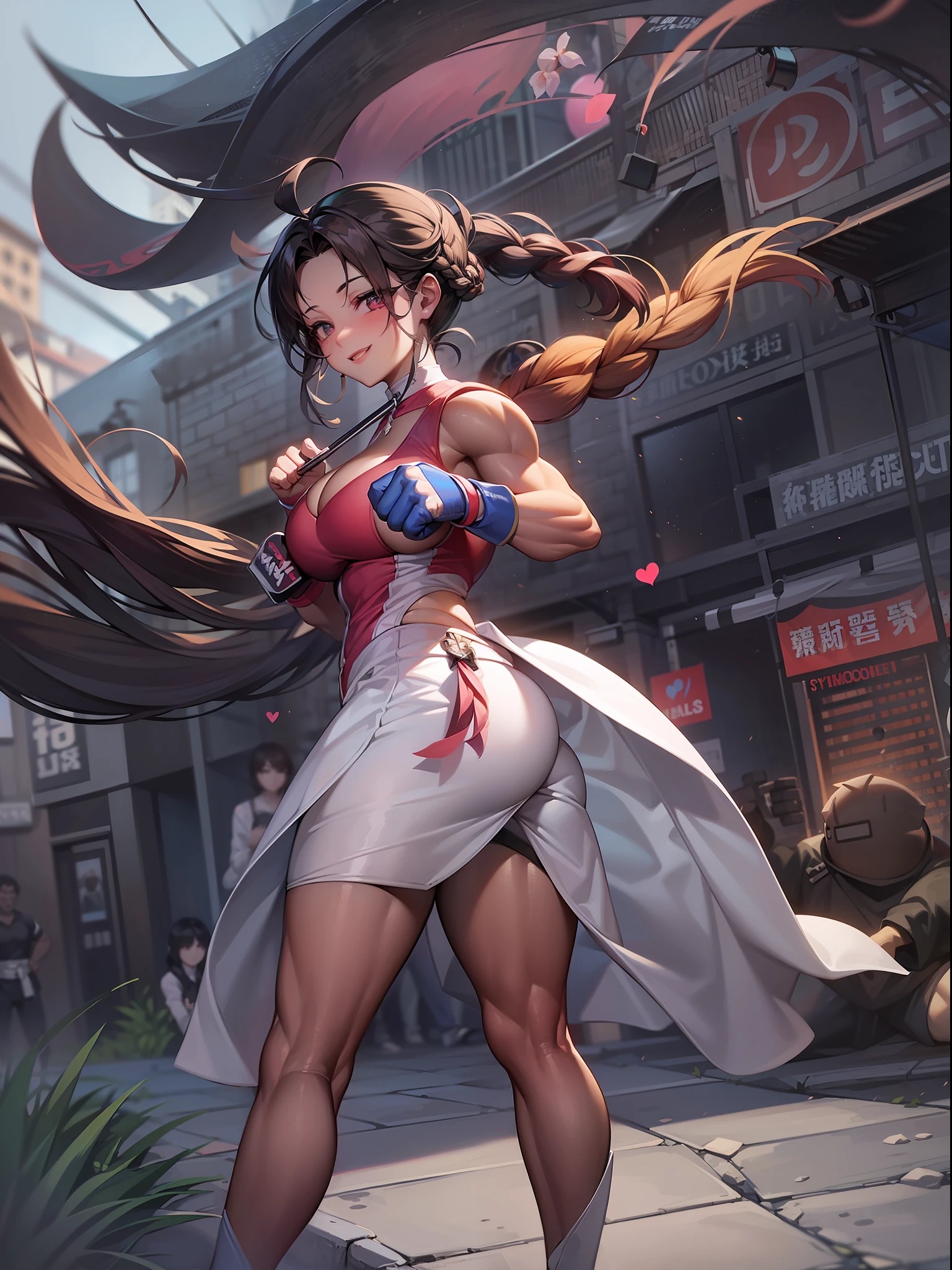 1 woman,(Ultra Colossal 1.8),Muscular beauty、Muscle Beauty、Martial arts、Street Fight、Dynamism、The highest image quality、Ahoge、braid ponytail、Does not expose the skin、Refreshing smile、Noir、Underworld、Heart Stick、