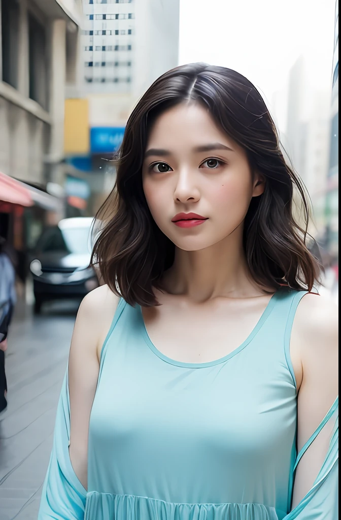 ((Best Quality, 8k, Masterpiece: 1.3)), Focus: 1.2, Perfect Body Beauty: 1.4, Buttocks: 1.2, ((Layered Haircut)), (Wet Clothes: 1.1), (Rain, Street:1.3), (Breasts: 1.2), (Hanfu: 1.2), Bare Shoulders, Bare Legs, Highly Detailed Face and Skin Texture, Fine Eyes, Double Eyelids, Whitened Skin, Long Hair, (Shut Up: 1.5), (Bokeh Background: 1.5), Big Breasts