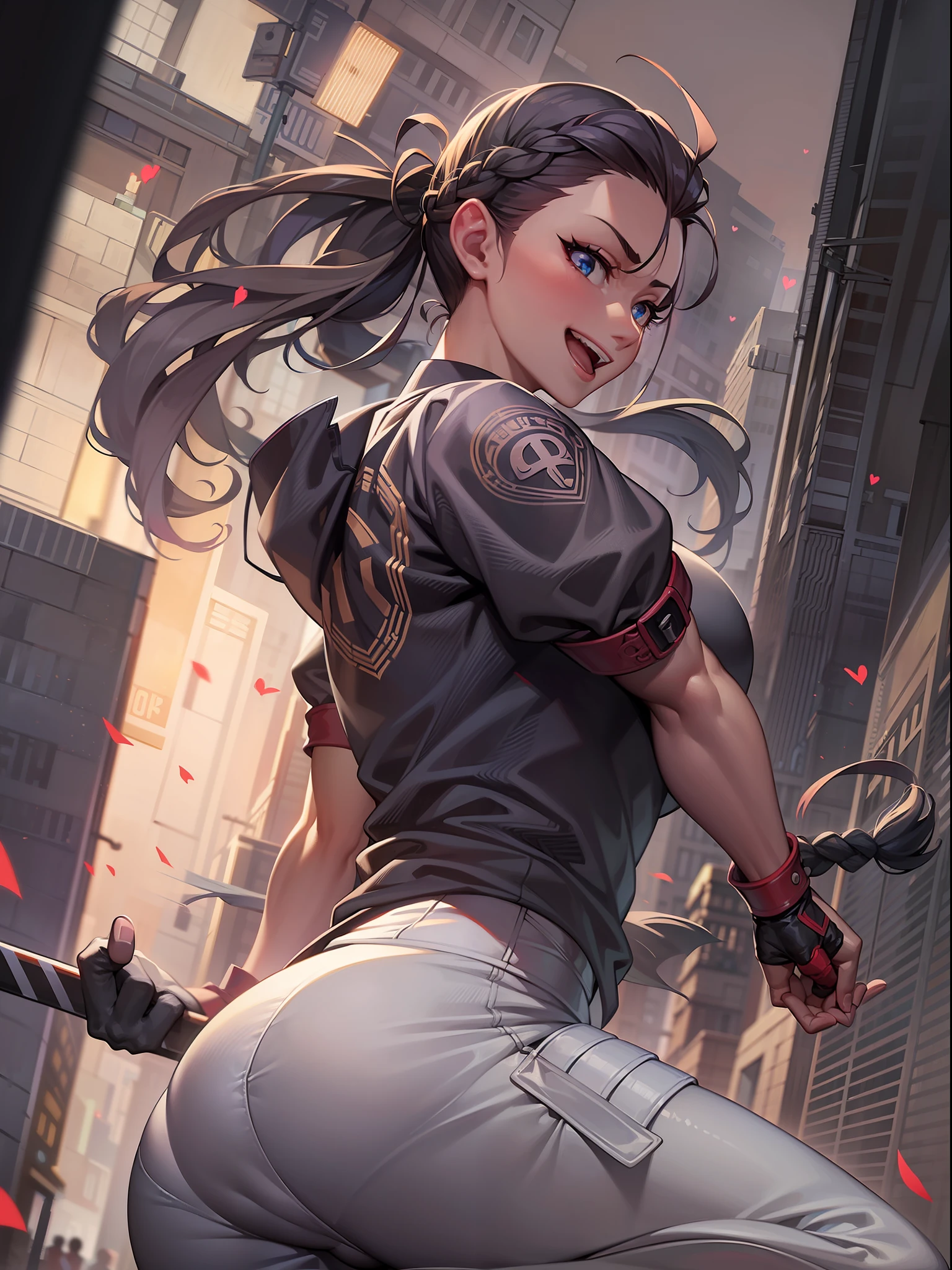 1 woman,(Ultra Colossal 1.8),Muscular beauty、Muscle Beauty、Martial arts、Street Fight、Dynamism、The highest image quality、Ahoge、braid ponytail、Does not expose the skin、Refreshing smile、Noir、Underworld、Heart Stick、