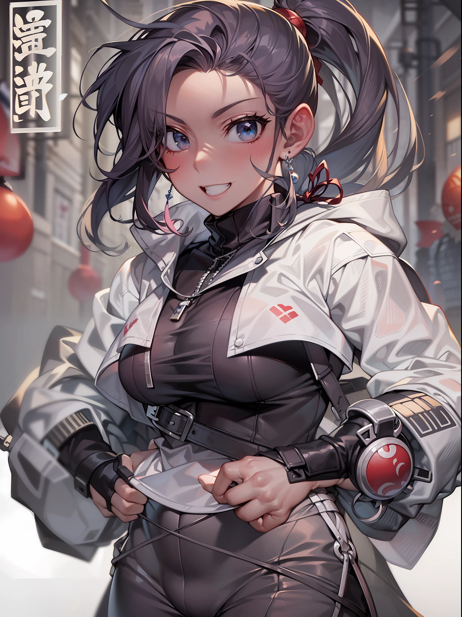 1 woman,(Ultra Colossal 1.8),Muscular beauty、Muscle Beauty、Martial arts、Street Fight、Dynamism、The highest image quality、Ahoge、braid ponytail、Does not expose the skin、Refreshing smile、Noir、Underworld、Heart Stick、