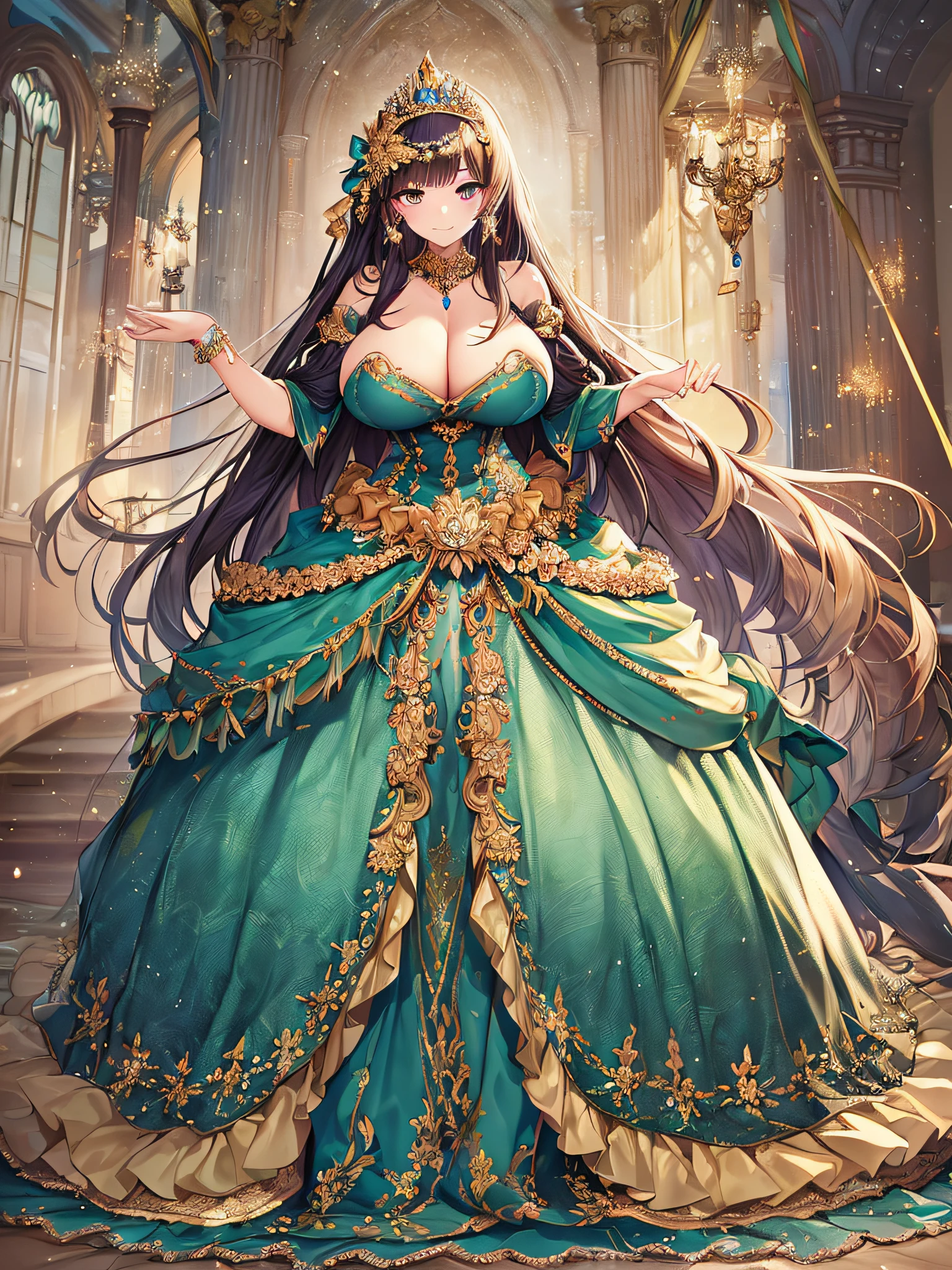 ((anime artstyle)),(Masterpiece),(Best Quality), (Super Detail),((Very Delicate and Beautiful)),((Solo)),((full body)),(((1 princess in beautiful embroidery and jeweled extremely gorgeous ball gown with voluminous skirt))),detailed face and eyes,jewel-like eyes,(seductive smile),((extremely voluminous Very Long Hair,Straight Hair)),((extremely gigantic tits,Long tits)),curvy,skindentation,(gorgeousfull embroidery and lace),gorgeous corsage,See-through,extremely gorgeousfull hair ornament,extremely gorgeousfull glitter jeweled tiara,ornate ruffles,Gorgeous jewelry ornaments,((full body)),((hoop skirt,crinoline)),Dynamic Angle,Looking at viewer,((beautiful embroidery and jeweled extremely gorgeous ball gown with voluminous skirt)),full body