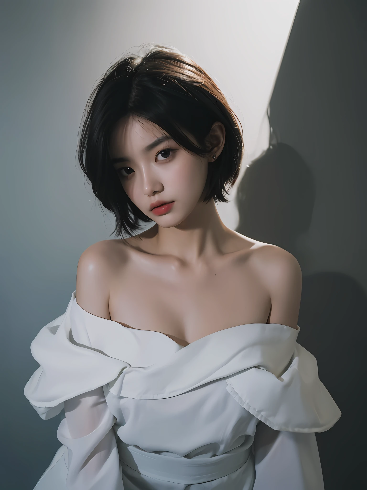 Best quality, masterpiece, ultra high res, (photorealistic:1.5), raw photo, 1girl, offshoulder, in the dark, deep shadow, low key, cold light, sexy look, short hair, (best quality:1.4), (masterpiece:1.4), (highres:1.2), (extremely detailed:1.2), human body ratio, 1girl, korean girl, (each girl wearing different fashion:1.4), dynamic pose, colosseum,