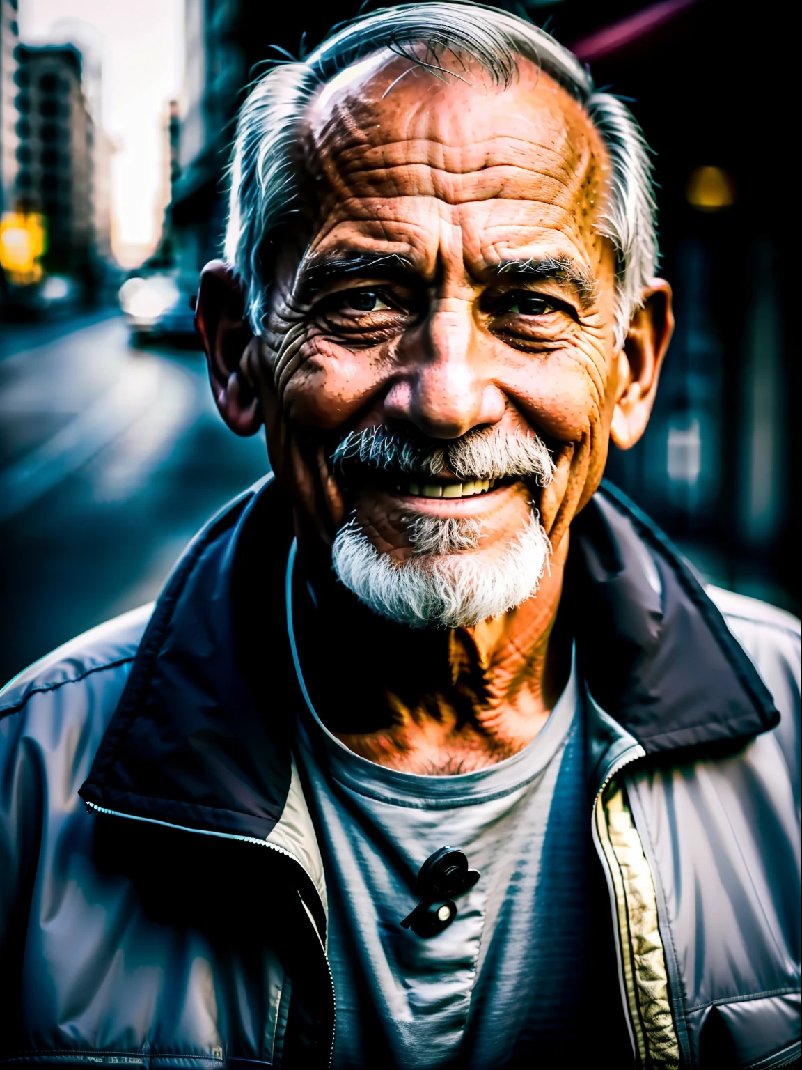 an old man, 60 years old, austere, wrinkled, homeless, gray jacket, bright smile, torn shoulders, portrait, 4k, hdr, dslr, nikon D700, lens sigma art 85 mm , f1:2