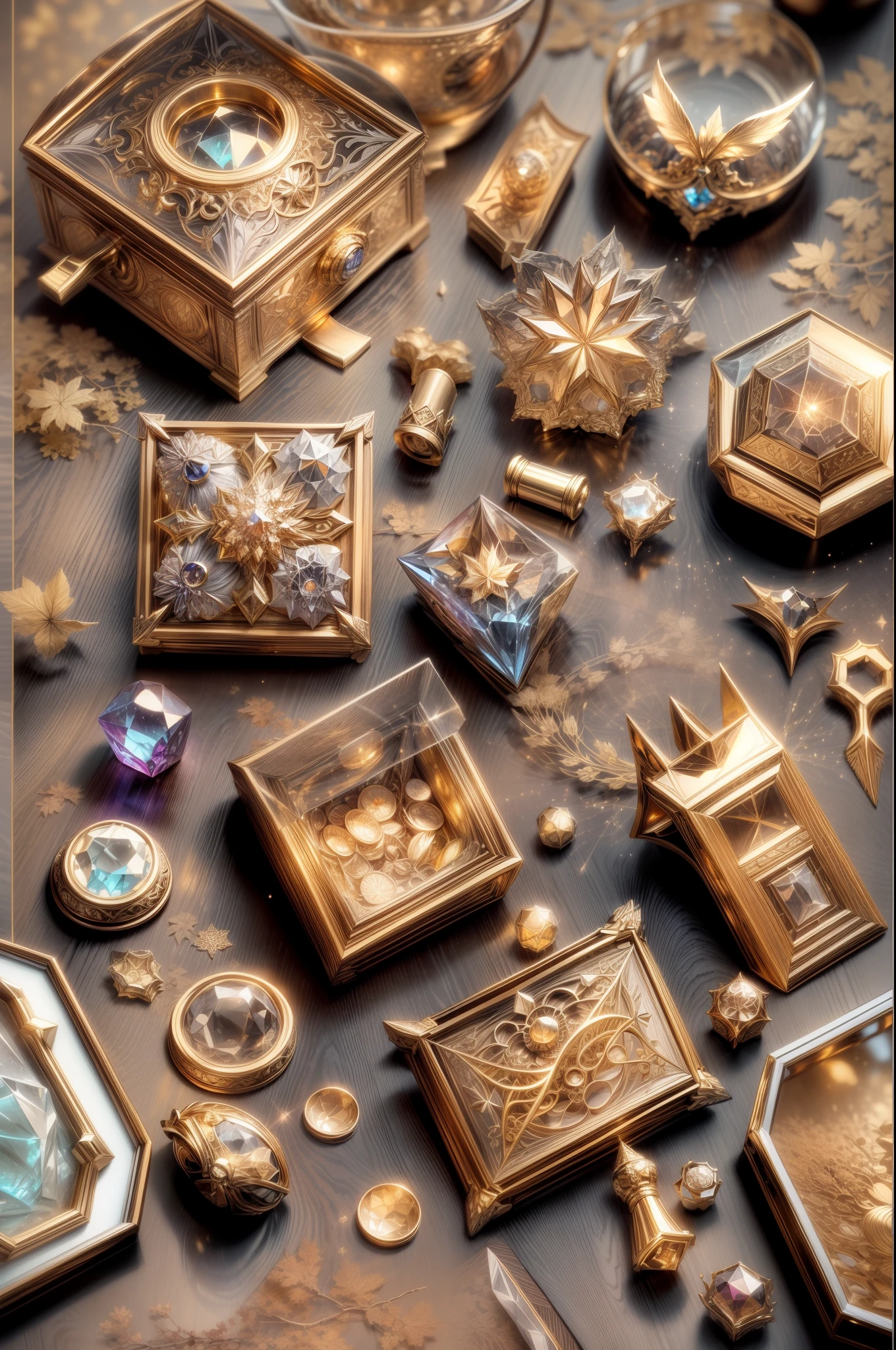 Japanese style，（Full Focus）,Antiques on the tabletop，Jewelry on the tabletop，Crystal gemstone on tabletop,Gold and silver products,Magic symbols，Magic light particle effect，high - tech，luxury goods， High-value jewelry,，High-value metals，luxury goods，Puzzles are prohibited, Detailed and complex background, glittery, reflective light, hyper HD, Award-Awarded, A high resolution, High detail, Chiaroscuro, Cinematic lighting, Masterpiece, Ray traching，structurally correct, Super detail, High quality, High details, Best quality, 16k