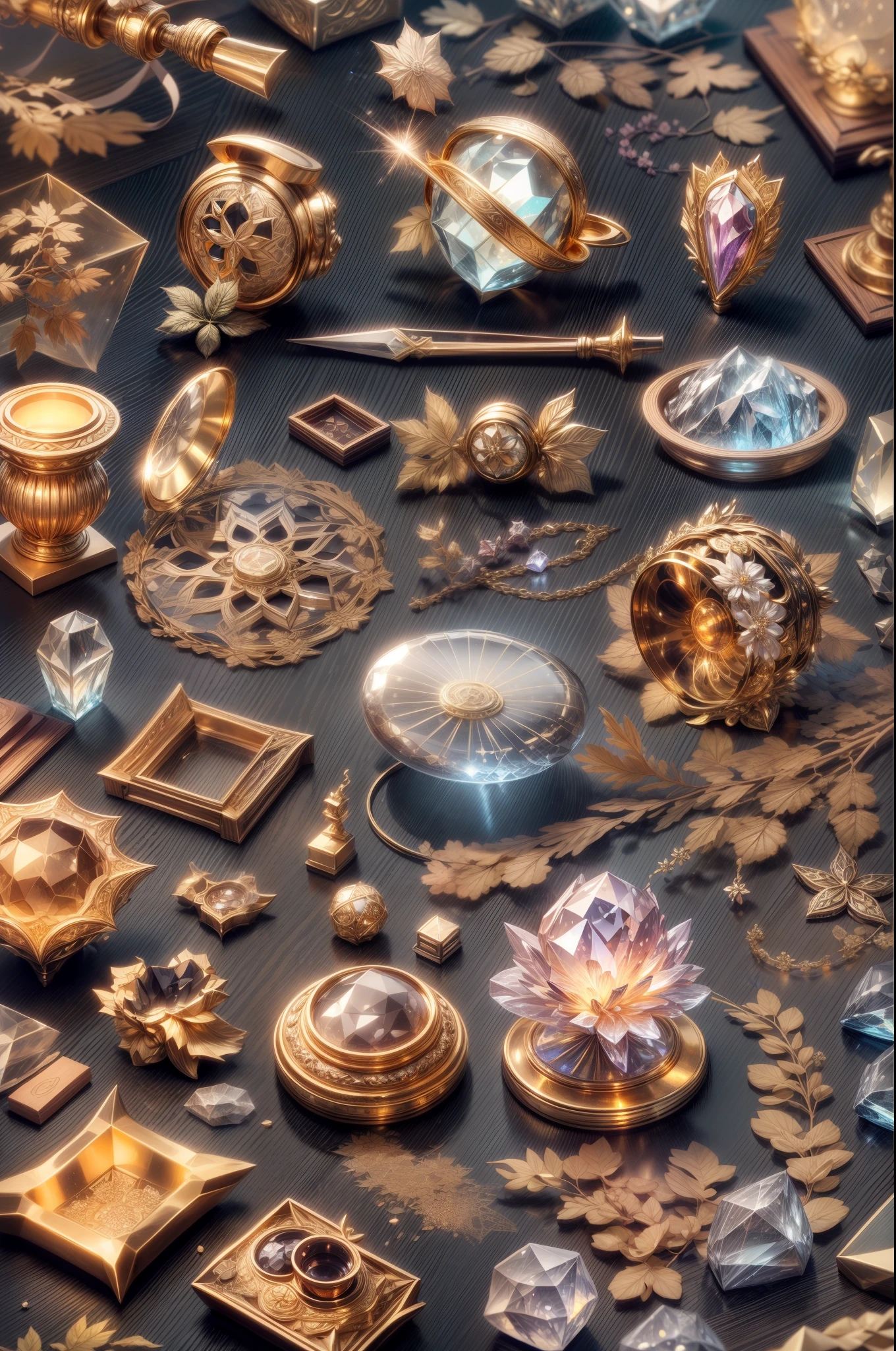 Japanese style，（Full Focus）,Antiques on the tabletop，Jewelry on the tabletop，Crystal gemstone on tabletop,Gold and silver products,Magic symbols，Magic light particle effect，high - tech，luxury goods， High-value jewelry,，High-value metals，luxury goods，Puzzles are prohibited, Detailed and complex background, glittery, reflective light, hyper HD, Award-Awarded, A high resolution, High detail, Chiaroscuro, Cinematic lighting, Masterpiece, Ray traching，structurally correct, Super detail, High quality, High details, Best quality, 16k