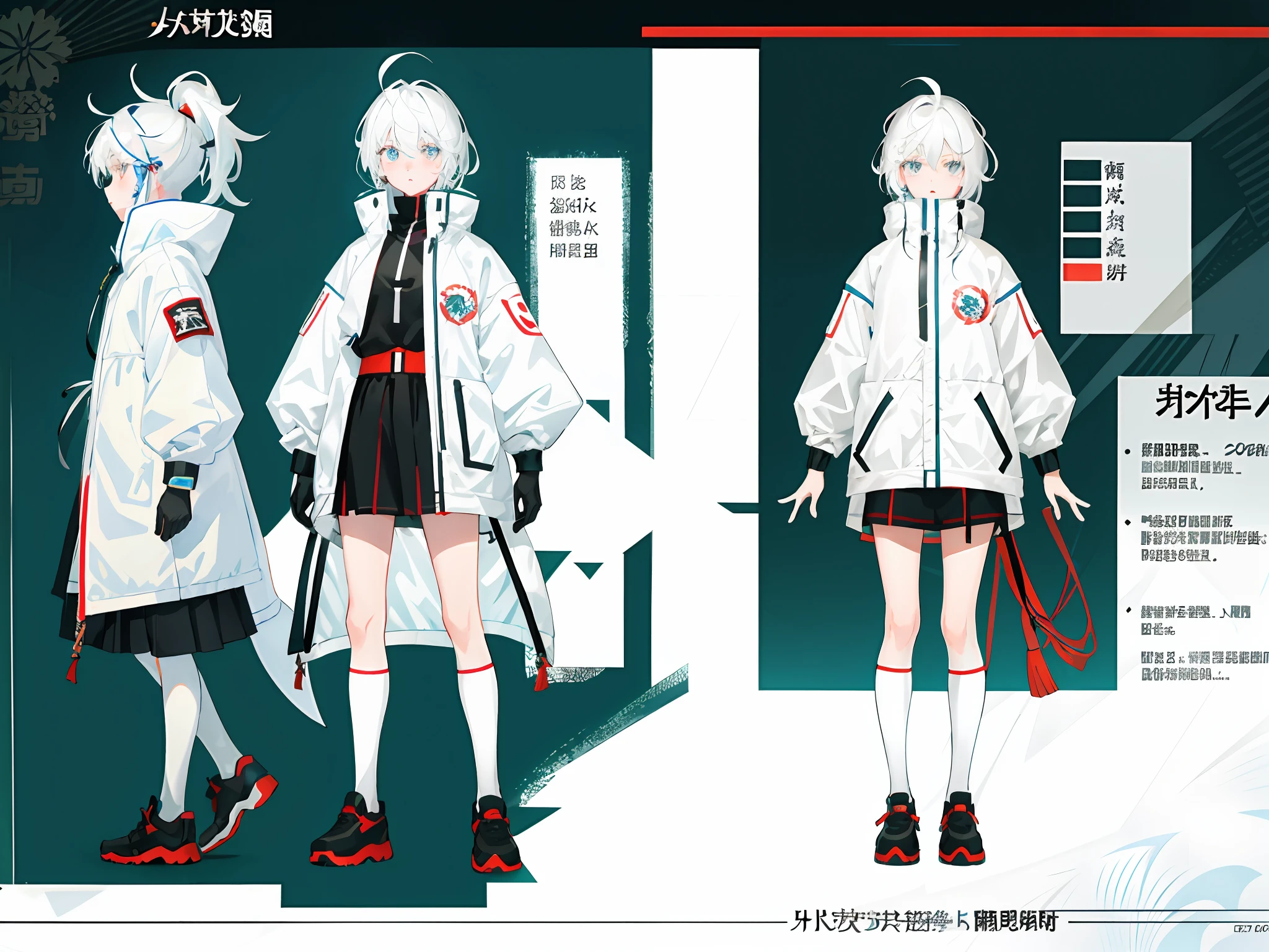 highr， White padded jacket，White color hair，White eyes，standing on your feet，assault rifle，Chinese girl design，Genshin detailed art，Anime character design，anime concept art，pretty anime character design，anime character reference sheet，[character  design]，