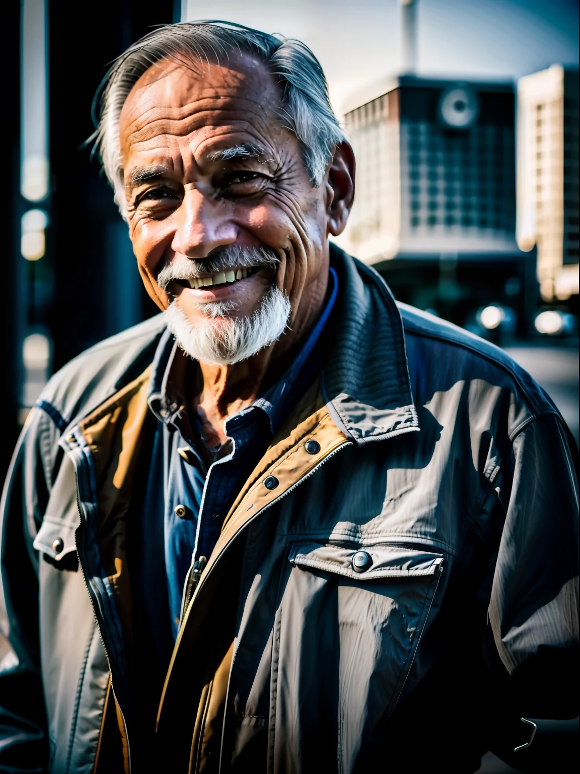 an old man, 60 years old, austere, wrinkled, homeless, gray jacket, bright smile, torn shoulders, portrait, 4k, hdr, dslr, nikon D700, lens sigma art 85 mm , f1:2