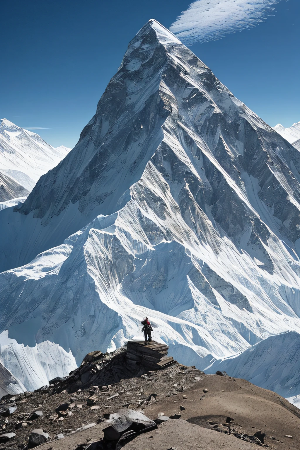climbing the top of everest with a guide and climbing guide, in the style of max rive, 32k uhd, subodh gupta, cold and detached atmosphere, high-angle, range murata --ar 8:5 --q 1 --s 750 --v 5.2