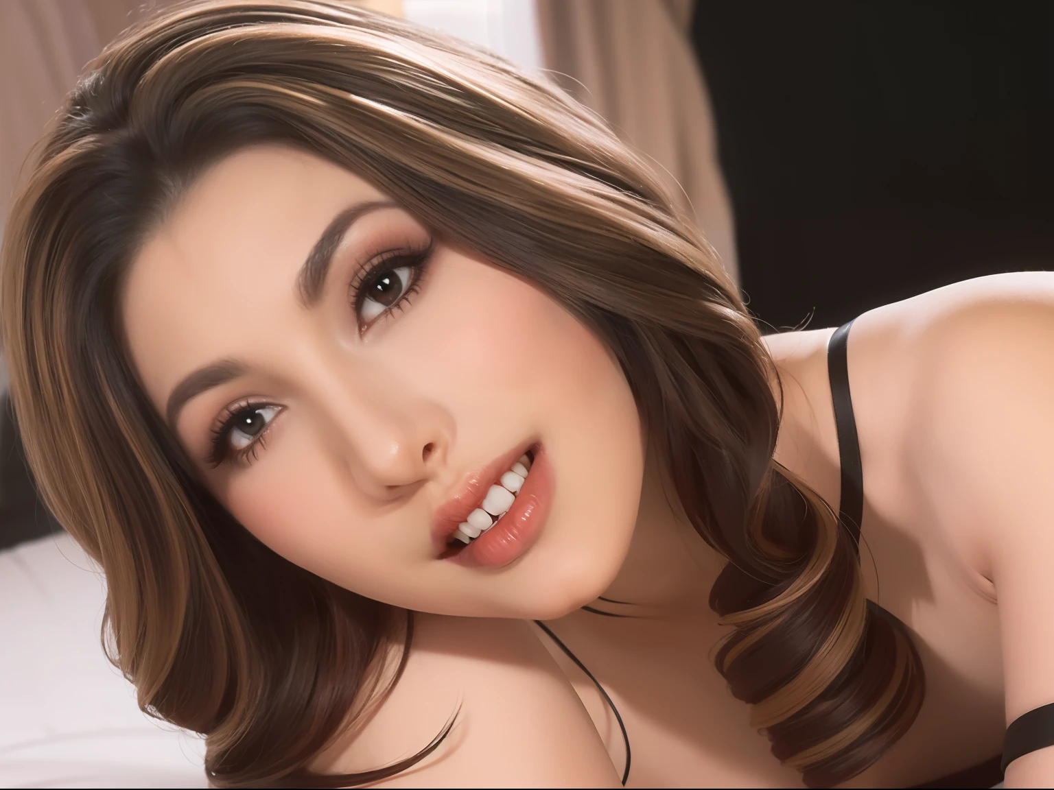 Fashion model 20 years old [[[[closeup cleavage]]]], [[[[boobgasm]]]], [[[[coll]]]], [[[[bshoulders]]]], perfect  eyes, Perfect iris，Perfect lips，perfect teeth，Perfect skin，with fair skin，Skin whitening，Soft front light，hdr，Movie girl，Casual，Bedroom in the background，Beds，The excited expression of sex，Feel satisfied，（pastel colour：1.2）