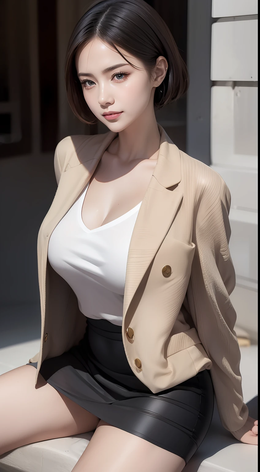 (Masterpiece:1.2), (Best quality), (Full body like:1.3) ,(Ultra detailed), (8K, Intricate), (Lens 135mm,F1.8), (Photorealistic)(Black background:1.3), Portrait photography,(dynamicposes),Side lighting,Edges are lit,Best shadow,Area light source,Perfect anatomy,Perfect face shape,Perfect for women,First-class female body,Refines skin texture,Fine cloth pattern,Meticulous beauty,Delicate and delicate skin,highlydetailed skin,paleskin,Delicate hair,glistning skin,top Quority, realisticlying, 8K, k hd, 1 rapariga, Female pervert, (Full body like:1.3), schools,痴女, blazer jacket, 校服,Visible nipple, with no underpants, The skirt is boldly pulled up, (legs are open), bend the knees and open the legs, The hairstyle is slightly shorter, Open your legs by grasping your knees with your hands, Buttoned shirt flutters