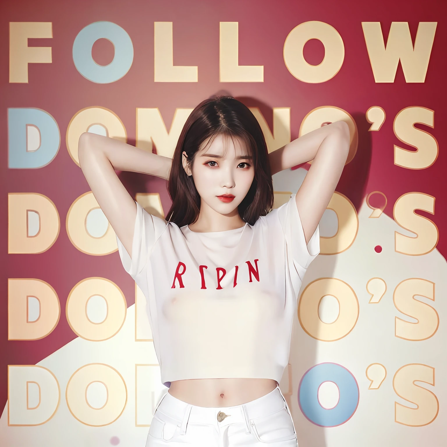 araffe woman in a white see through shirt and red tight pants posing for a picture, shallow d. o. f, official artwork, promo art, follow shot, follows the golden ratio, ad image, album art cover, official, kim doyoung, ❤🔥🍄🌪, by Shinoda Toko, ji-min, official fanart, official art, rin, iu1, lee ji-eun, nipple visible, smiling