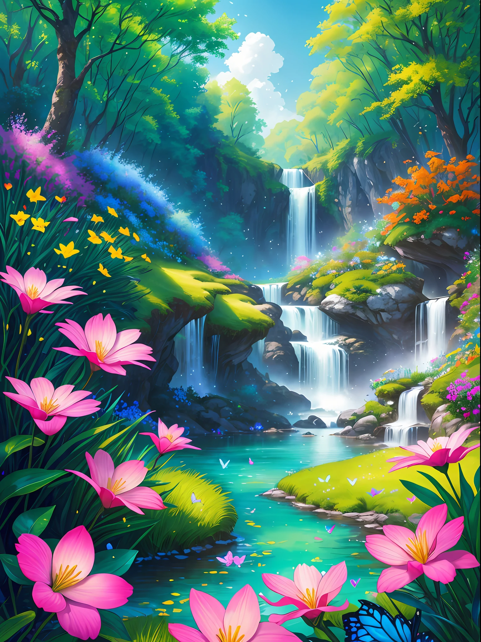 masterpiece, best quality, high quality, extremely detailed cg unity 8k wallpaper, an extremely colorful and purely fantasy environment with vibrant hues and a bright sky, landscape of bright green grass, colorful trees, glittering fruits, and bright blue flowers. the streams are a deep shade of blue, and the air is filled with sweet exotic scents. the environment appears to be taken out of a dream, with luminescent butterflies and giant colorful birds flying around, award winning photography, bokeh, depth of field, hdr, bloom, chromatic aberration ,photorealistic,extremely detailed, trending on artstation, trending on cgsociety, intricate, high detail, dramatic, art by midjourney