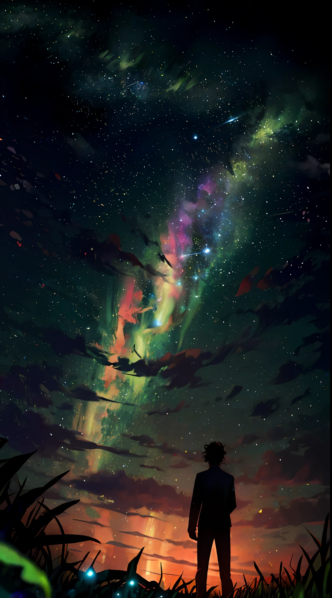 独奏,A young man gazed at the stars in the distance,(zoomout:1.1),(meteor shower:1.2),(comets:1.ur name,low angles,From behind,aurora borealis,meteors,SakuraNS,standing in a field,Best quality at best,tmasterpiece,clouds,Stars,Colored luminous dots,Starry,As estrelas