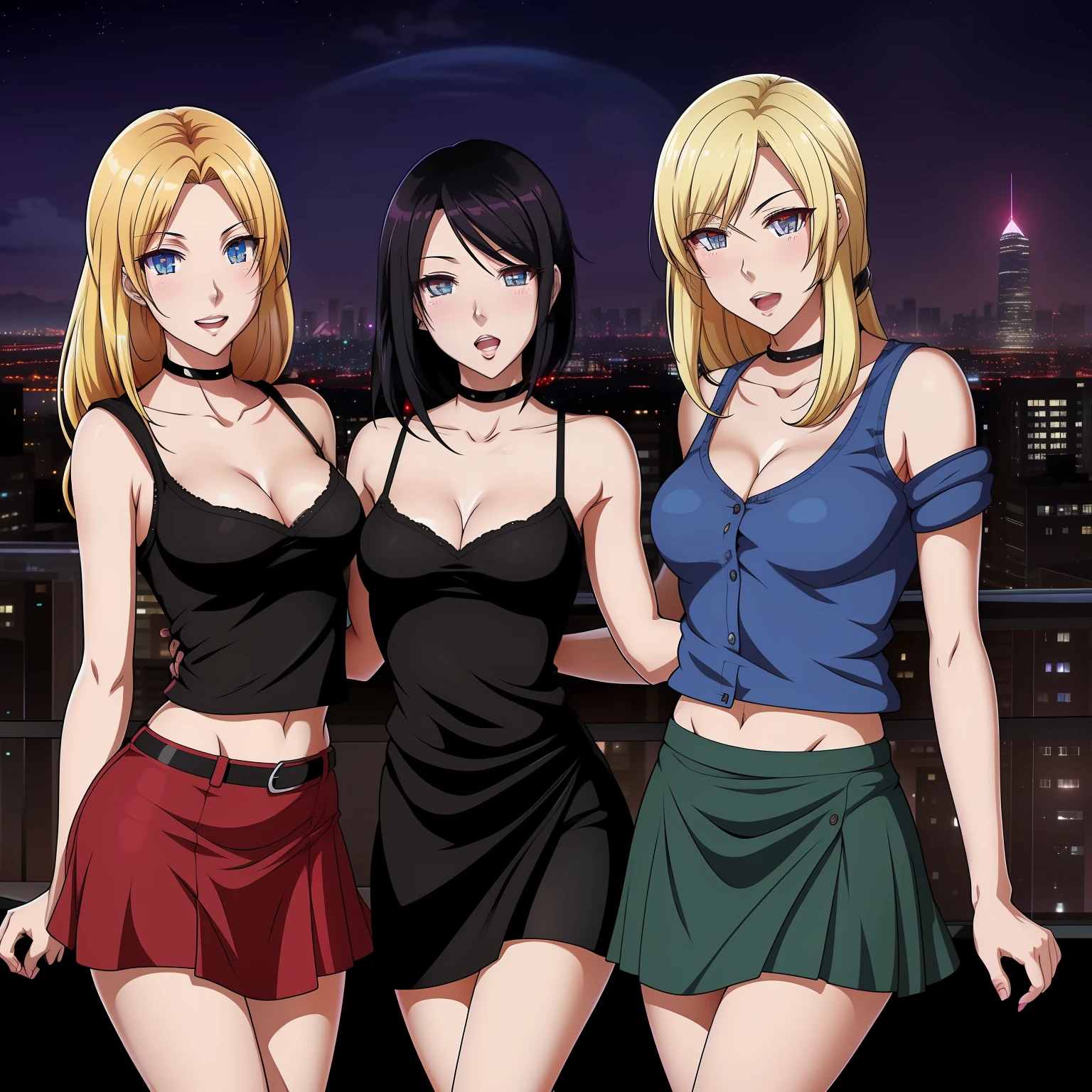 three women in short skirts standing next to each other in front of a city, ecchi anime style, hq artwork, anime girls,, ecchi, official fanart, in anime style, ecchi style, hd artwork, triad of muses,