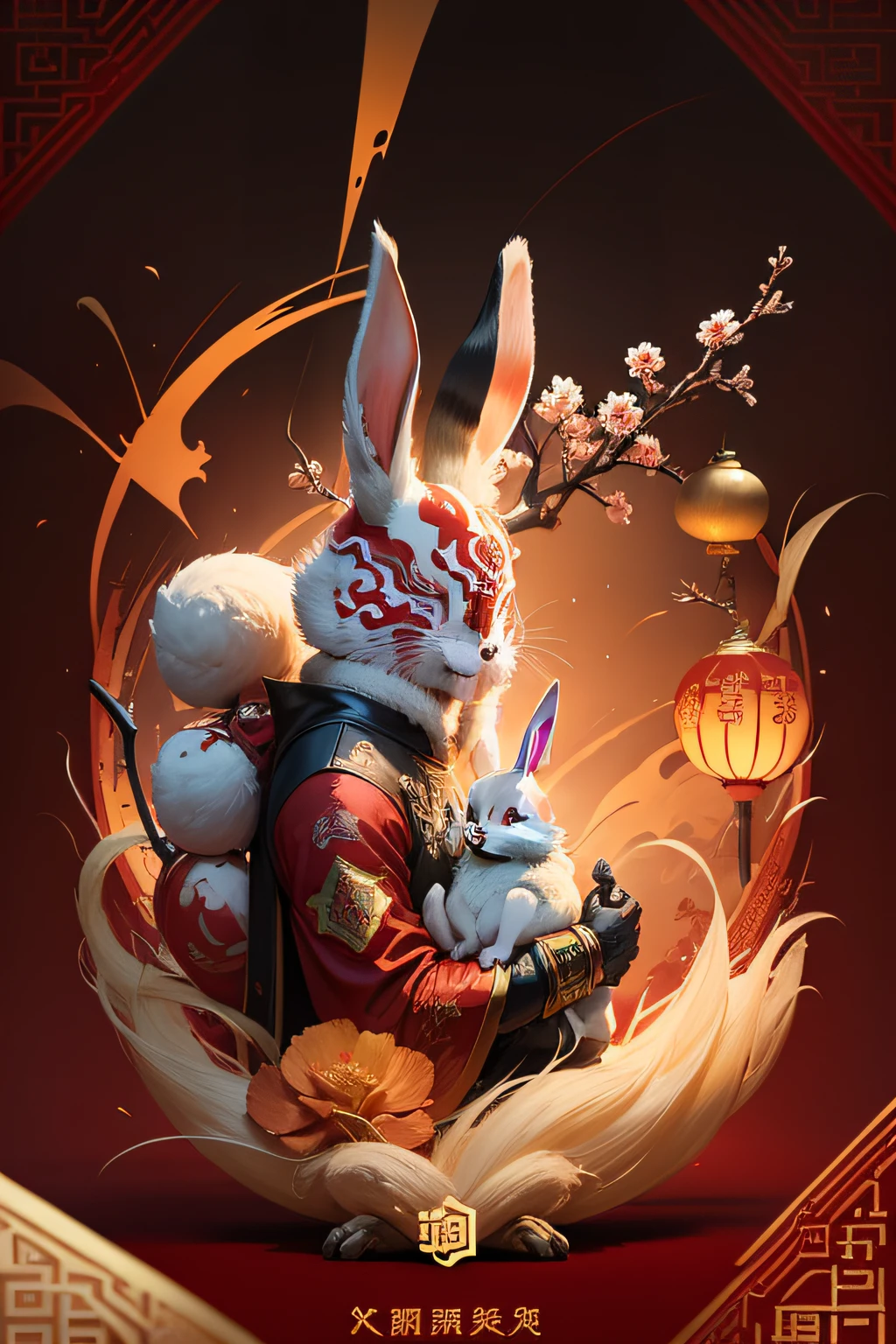Lunar New Year greeting card with rabbit and Chinese characters, CreativeDesign, 20K quality, Chiba Yuda style, Ruan Jia illustration, Nezha theme, Works by Wang Chen, Beijing elements, Beautiful templates, Card customization templates
