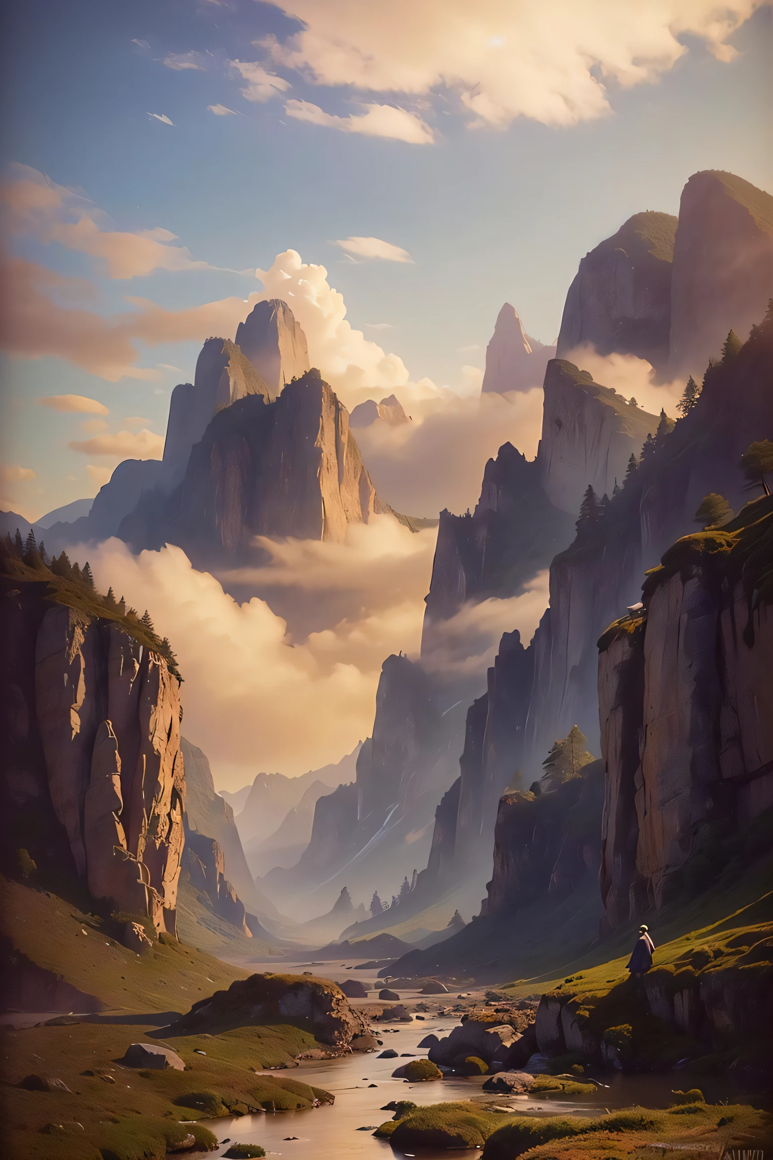 A highly detailed anime illustration,
landscape,
vintage, dreamy,  drawing, trending on artstation, UHD, (((by Quentin de Warren))):1.8, atmosphere, luminosity