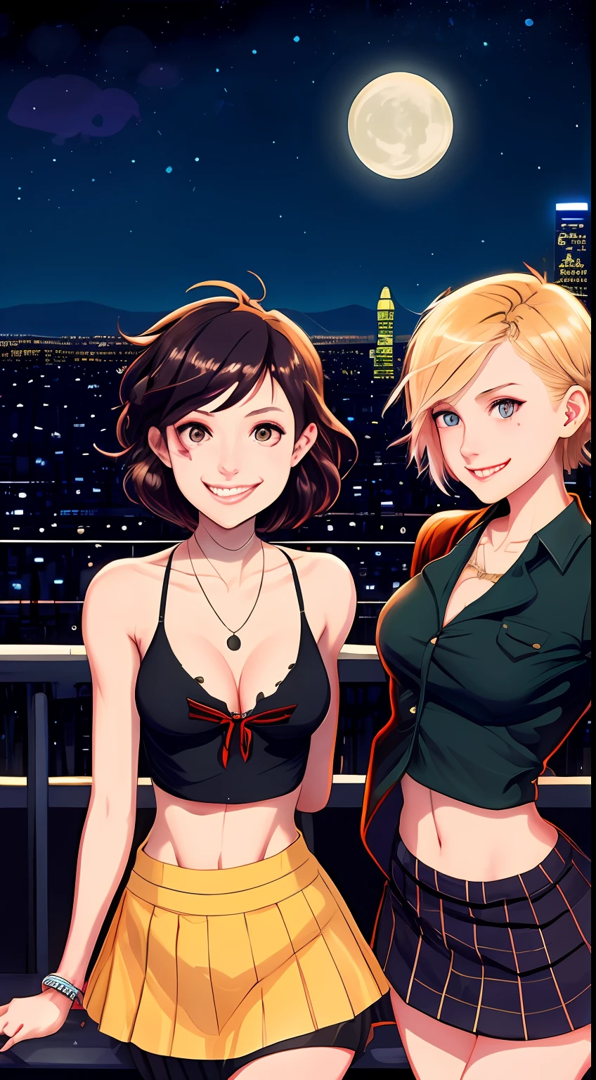 draw horror fantasy, two vampire girls one blonde , one has long blond and green eyes the other has black hair and blue eyes, smile, the one with short hair has a sweet smile. youngest cute face, pursued by vampire, draw by Arthur Hugues style, losangeles night city in background, wear top and miniskirt, in style of makoto shinkai