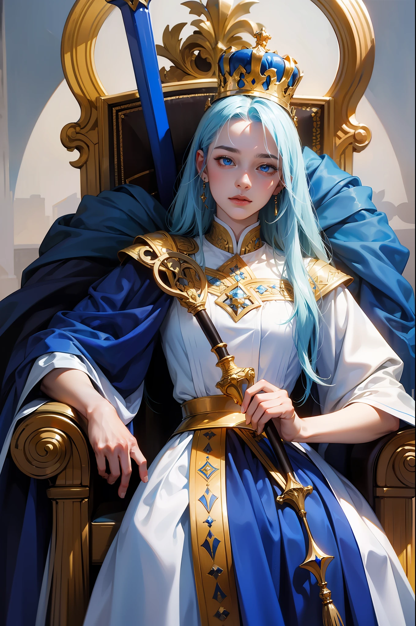 A masterpiece of oil painting,Ultra high quality,high detal,plethora of colors,A girl wears a crown on her head,Cool white skin,blue color eyes,cabellos largos dorados,Golden clothes from the European Middle Ages,There is a throne behind it,Facing the screen,Scepter in hand,The expression is majestic,A guard wearing silver armor and holding a long sword beside him。