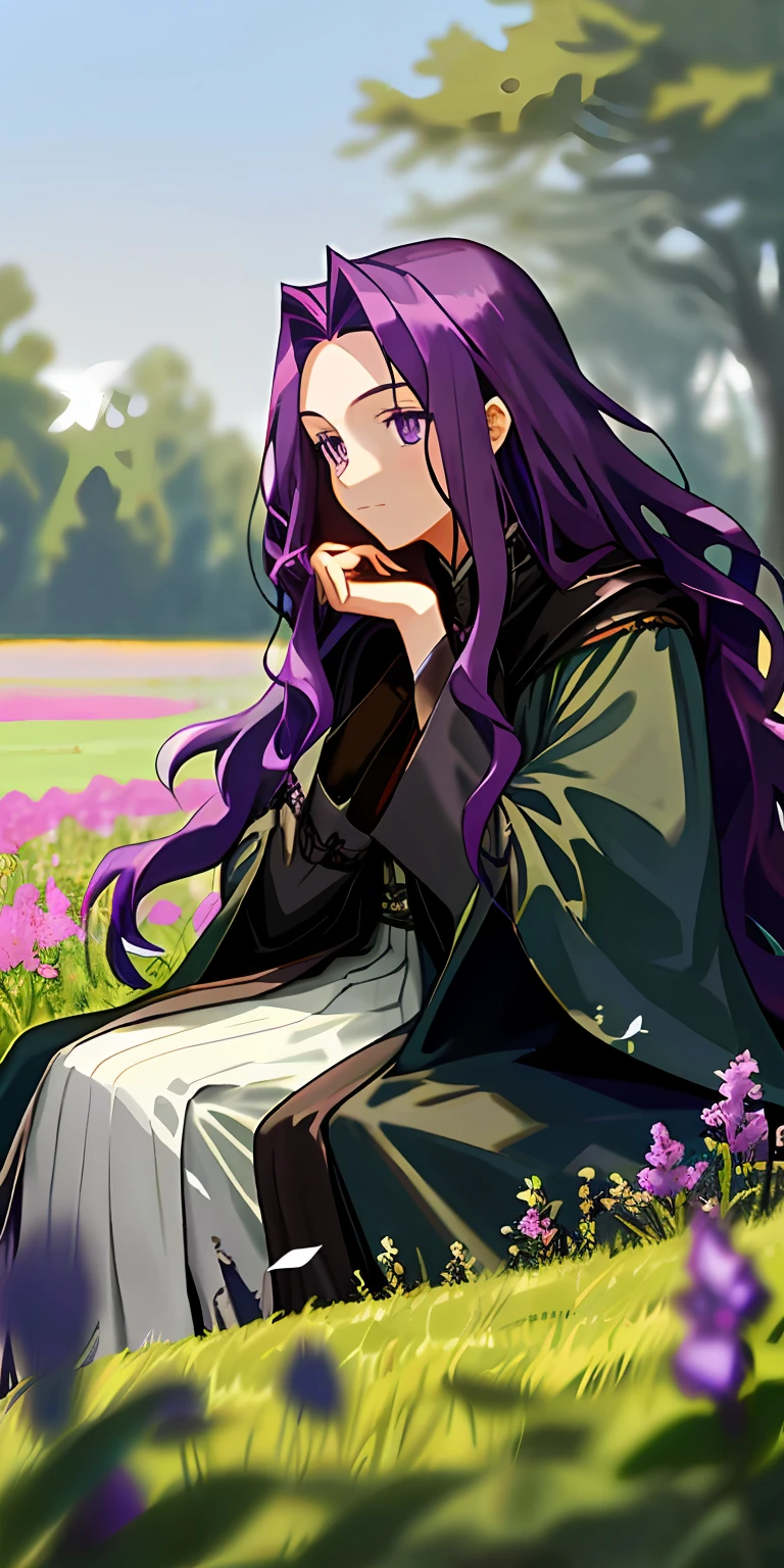 (tmasterpiece,best qualtiy),1 long purple-haired royal sister sitting in a field of greenery and flowers,her hand under her chin,warmly lit,black greatcoat,torn laundry,Blurred foreground